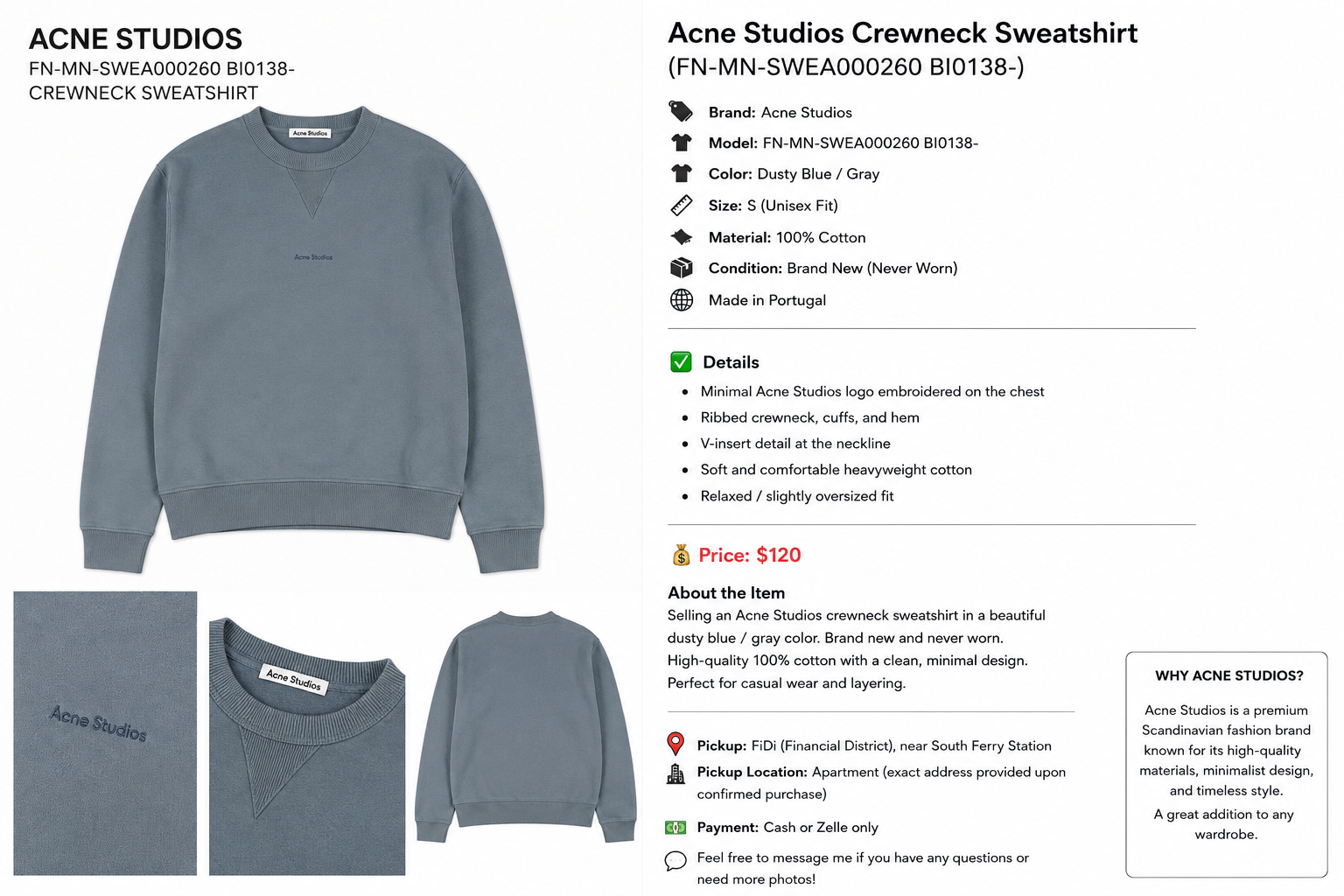 Acne Studios Crewneck Sweatshirt – Size S – Brand New