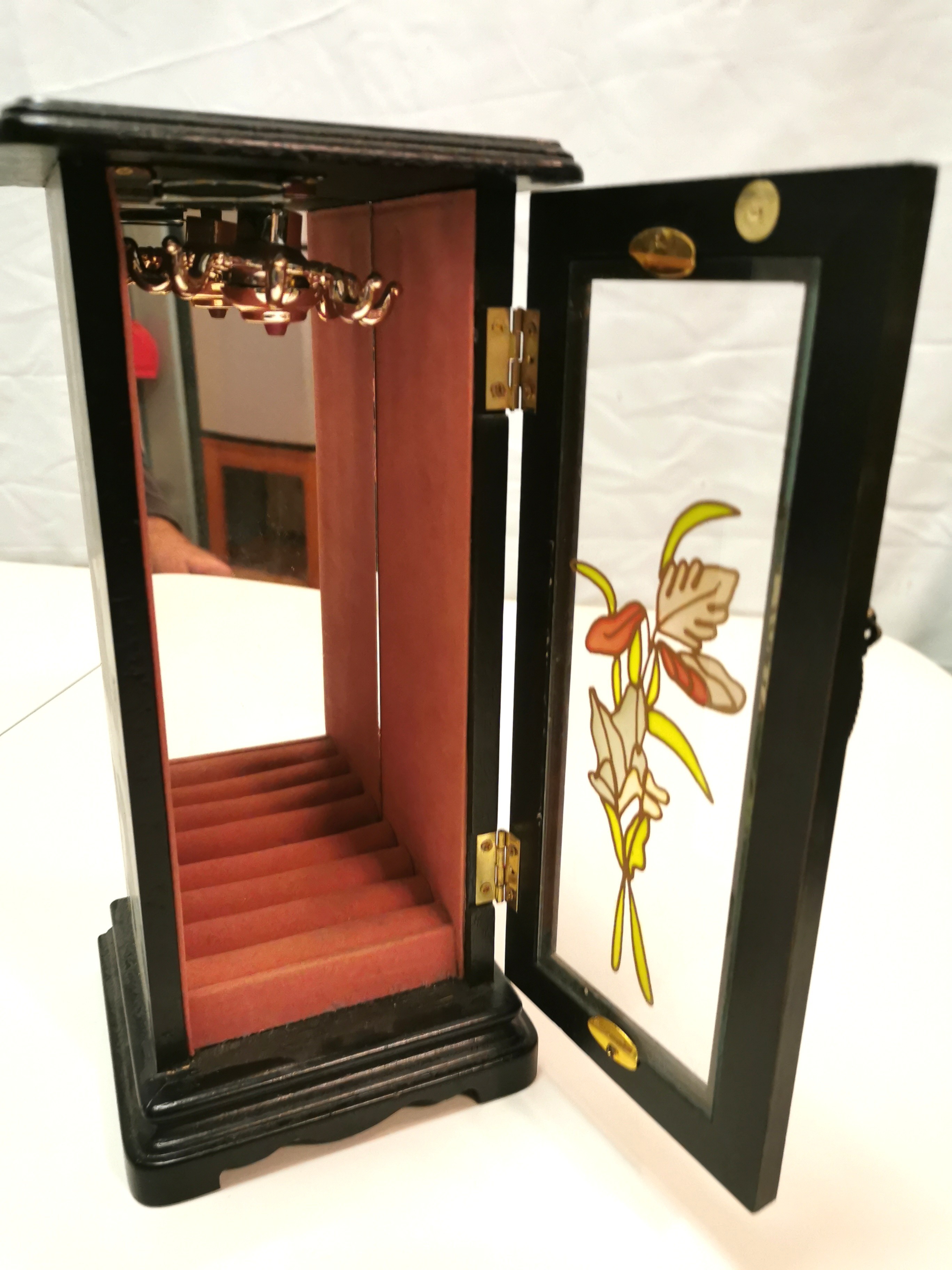 1970s Mele Black Jewelry Box Armoire Glass Door Tall Dresser