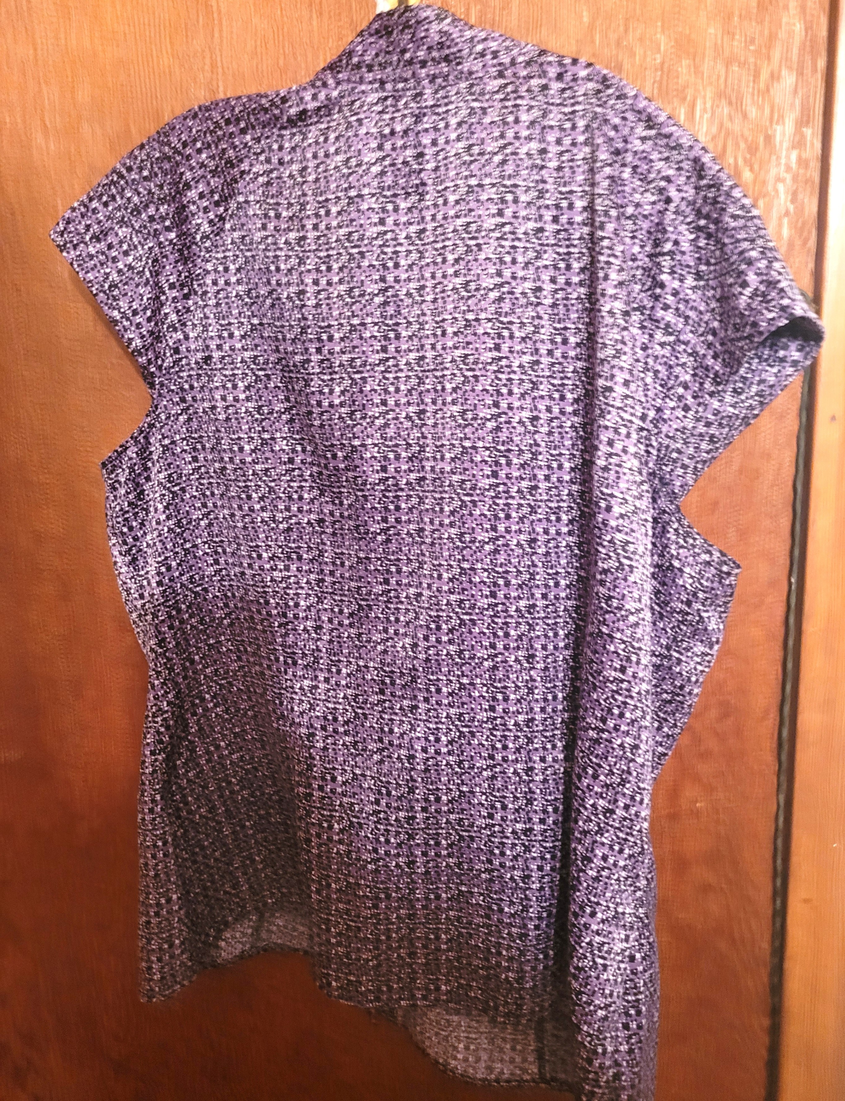 Worthington Purple Geometric Grid Tie Neck Cap Sleeve Blouse Top - photo 3