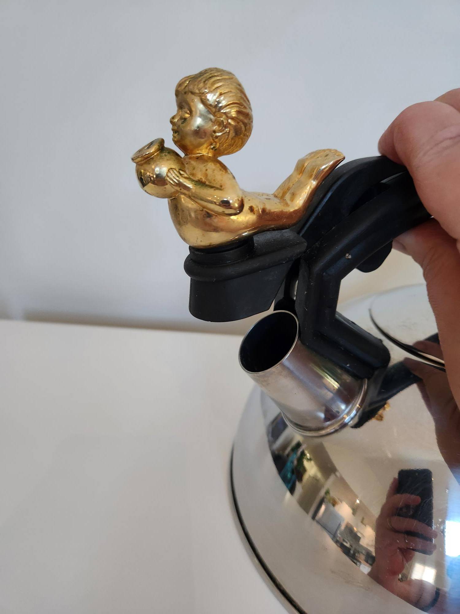 Stainless Steel Kettle Adorned with a Cherub/Child Pouring Water - photo 3