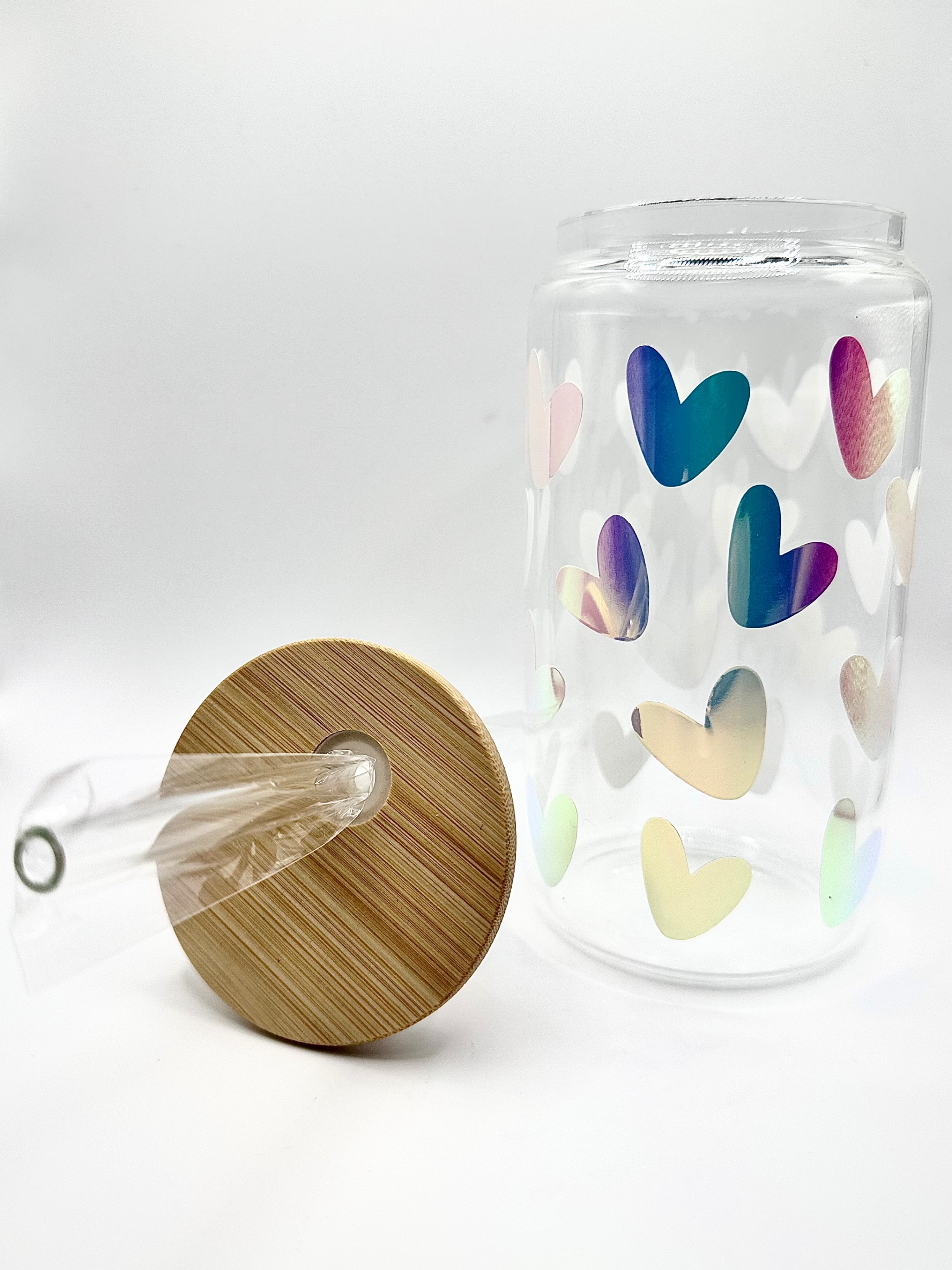 Iridescent Heart Glass Can with Bamboo Lid & Glass Straw - photo 2
