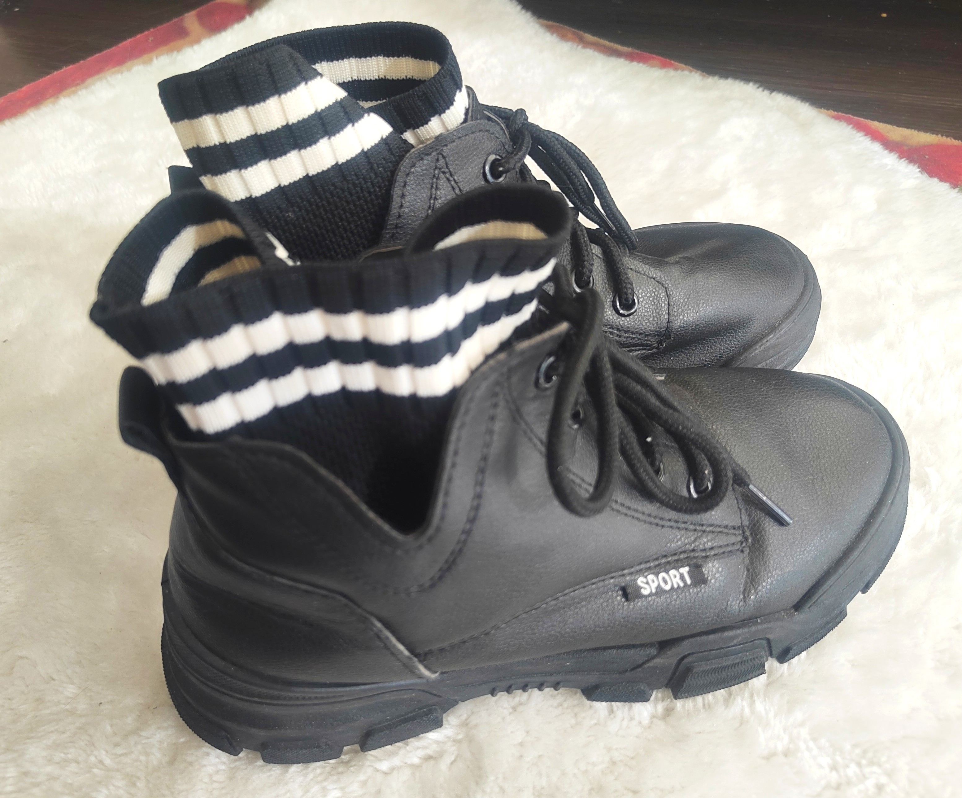 Black Sport Boots with Striped Socks