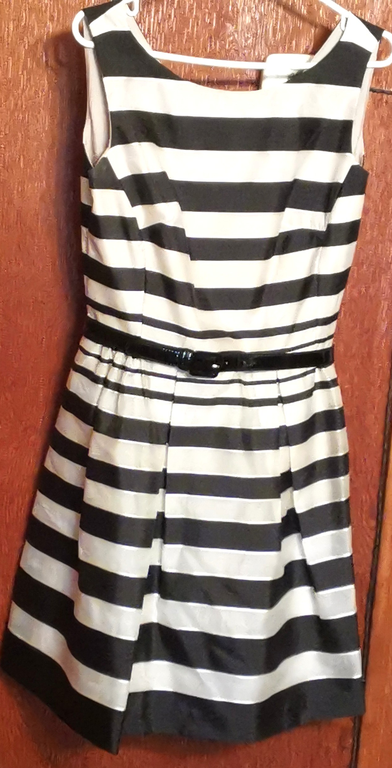Taylor Black & White Striped Fit & Flare Dress with Belt Size 14 - photo 2