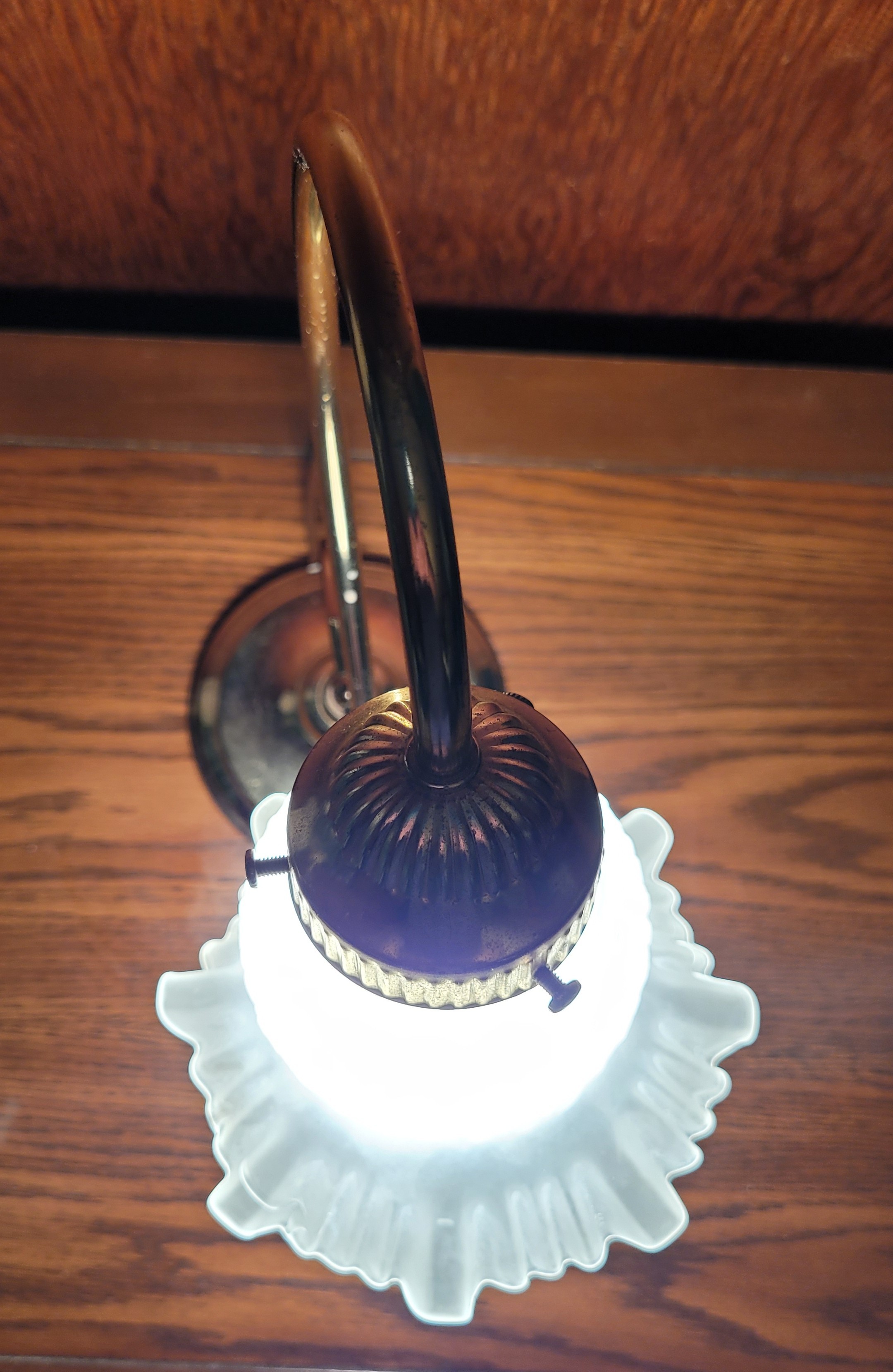 1980s Gooseneck Frosted Ruffled Glass Shade, Art Nouveau Revival - photo 2