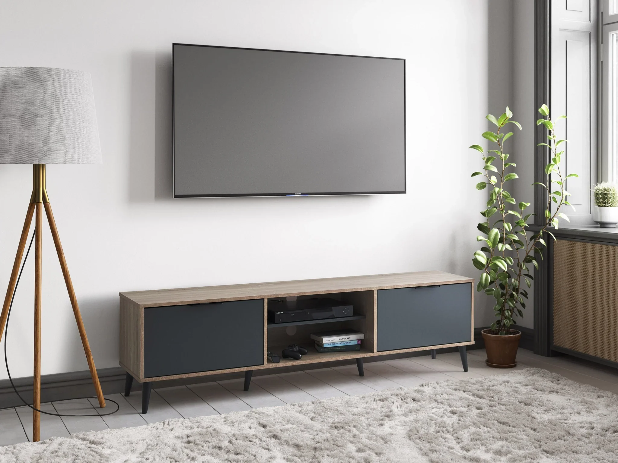 NEW 85” TV Stand with Storage | Light Wood & Grey