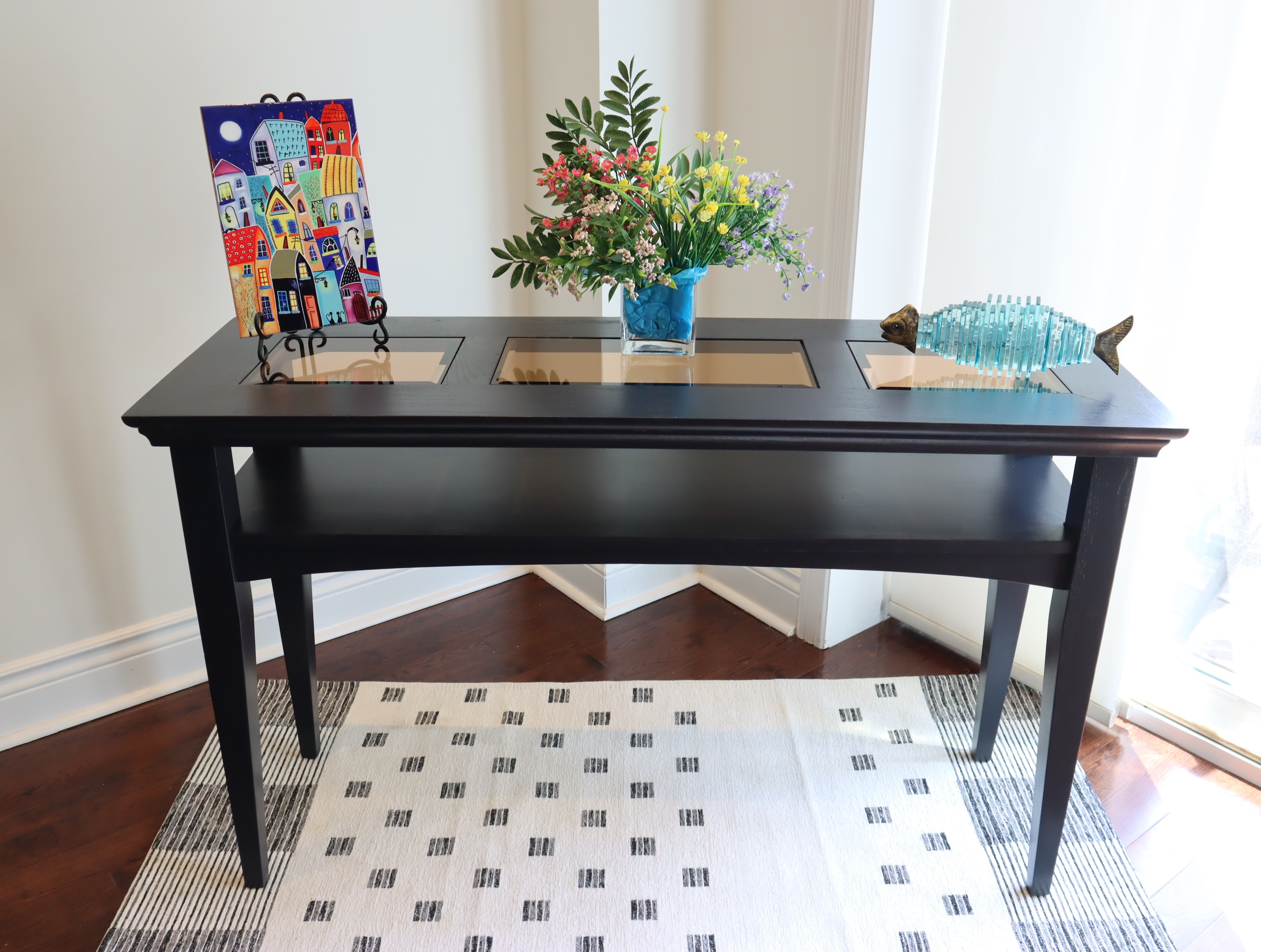Black Console Sofa Table with Glass Inserts