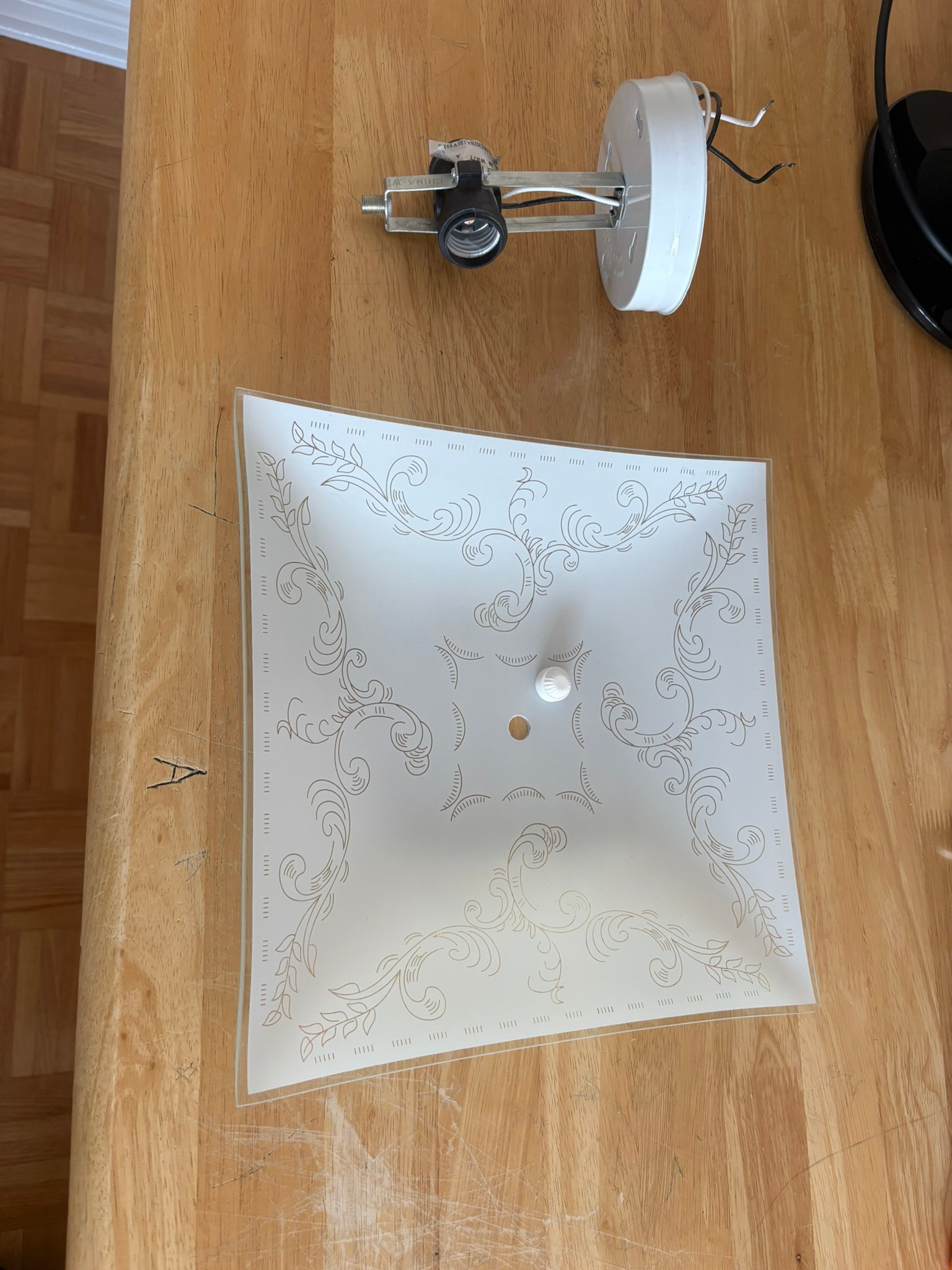 Square Frosted Glass Light Fixture Shade with Decorative Border