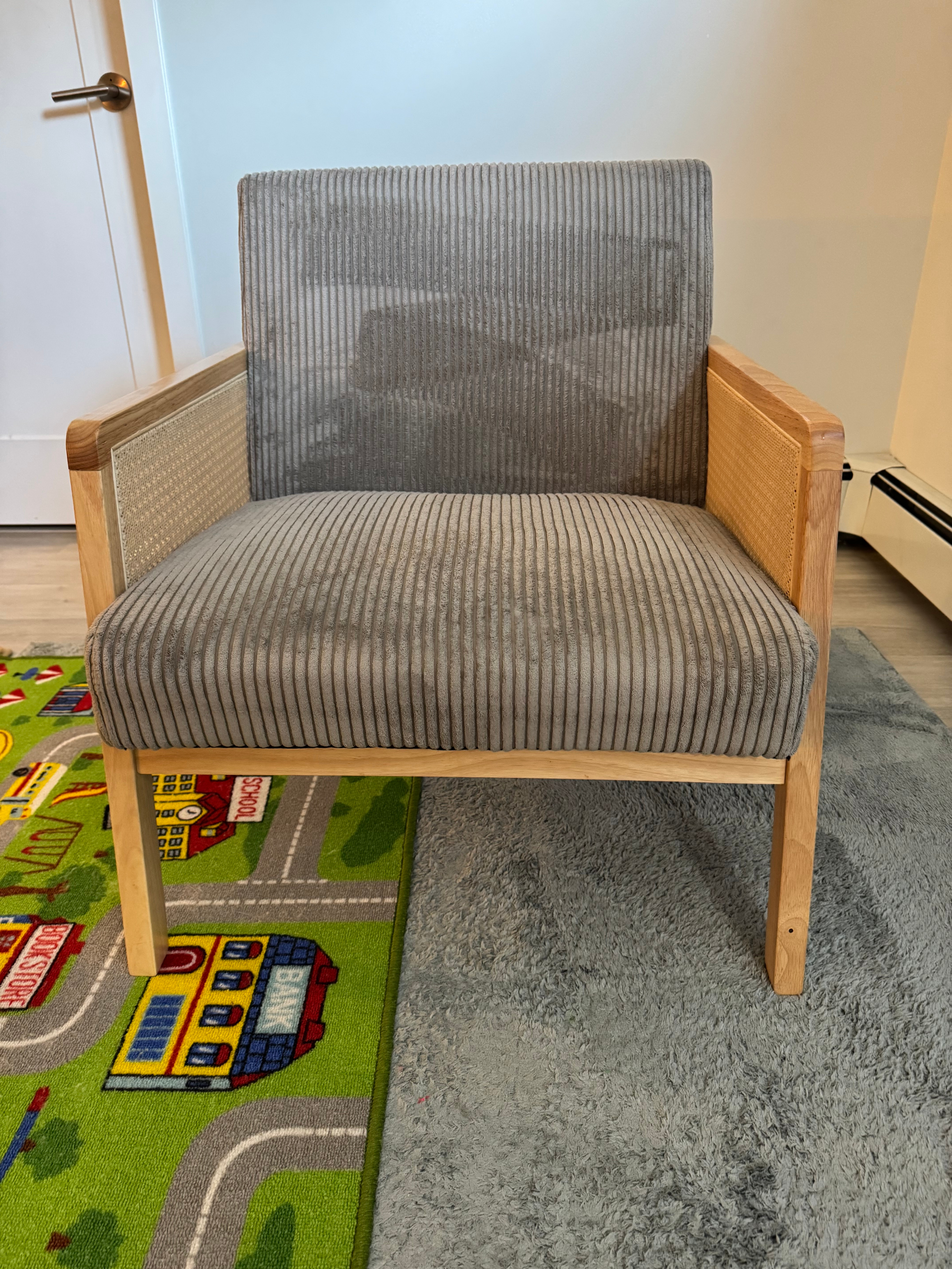 Structube BECKETT Silver Armchair w/ corduroy and rattan accents - photo 3