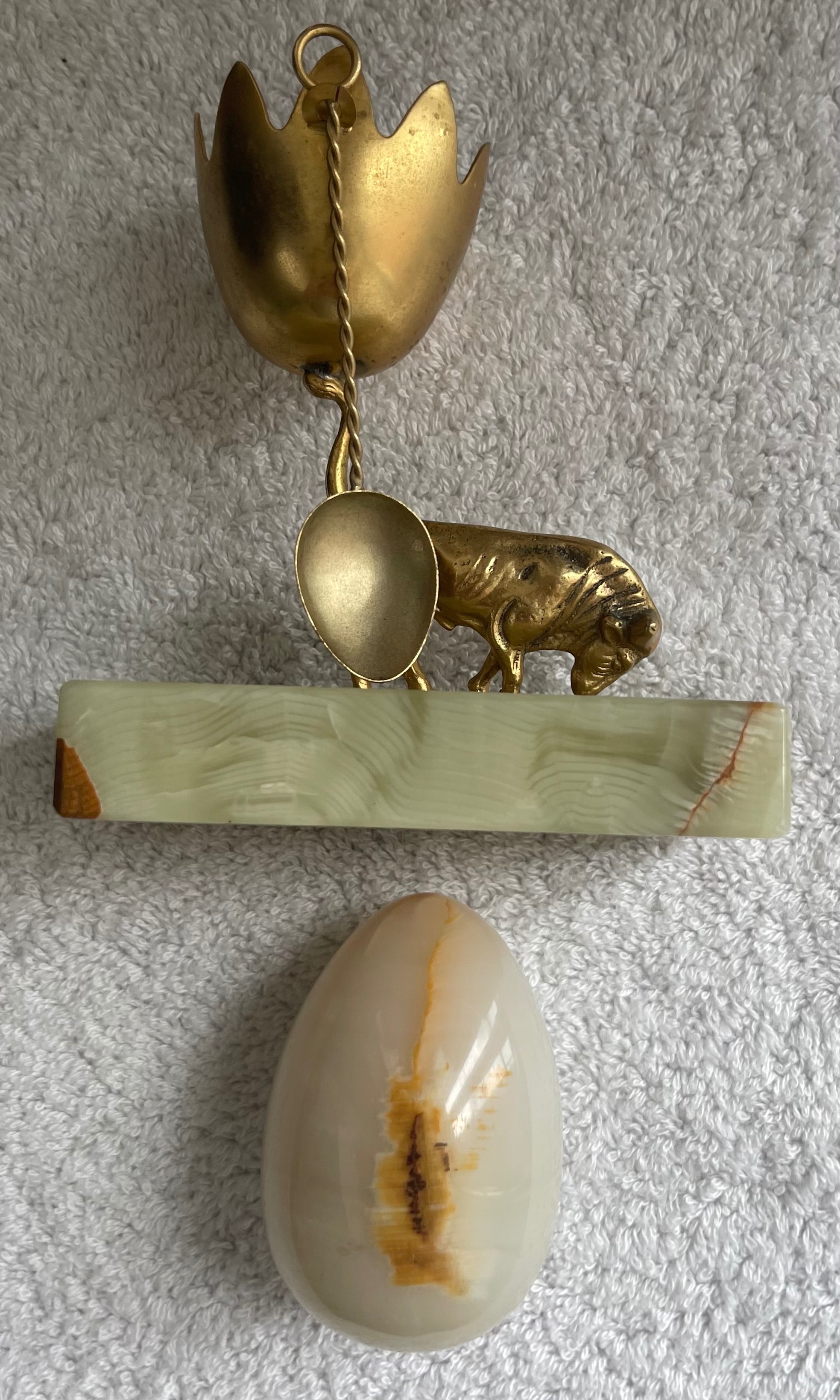 Vintage Brass Ox & Heavy Solid Onyx Egg Cup with Spoon - photo 4