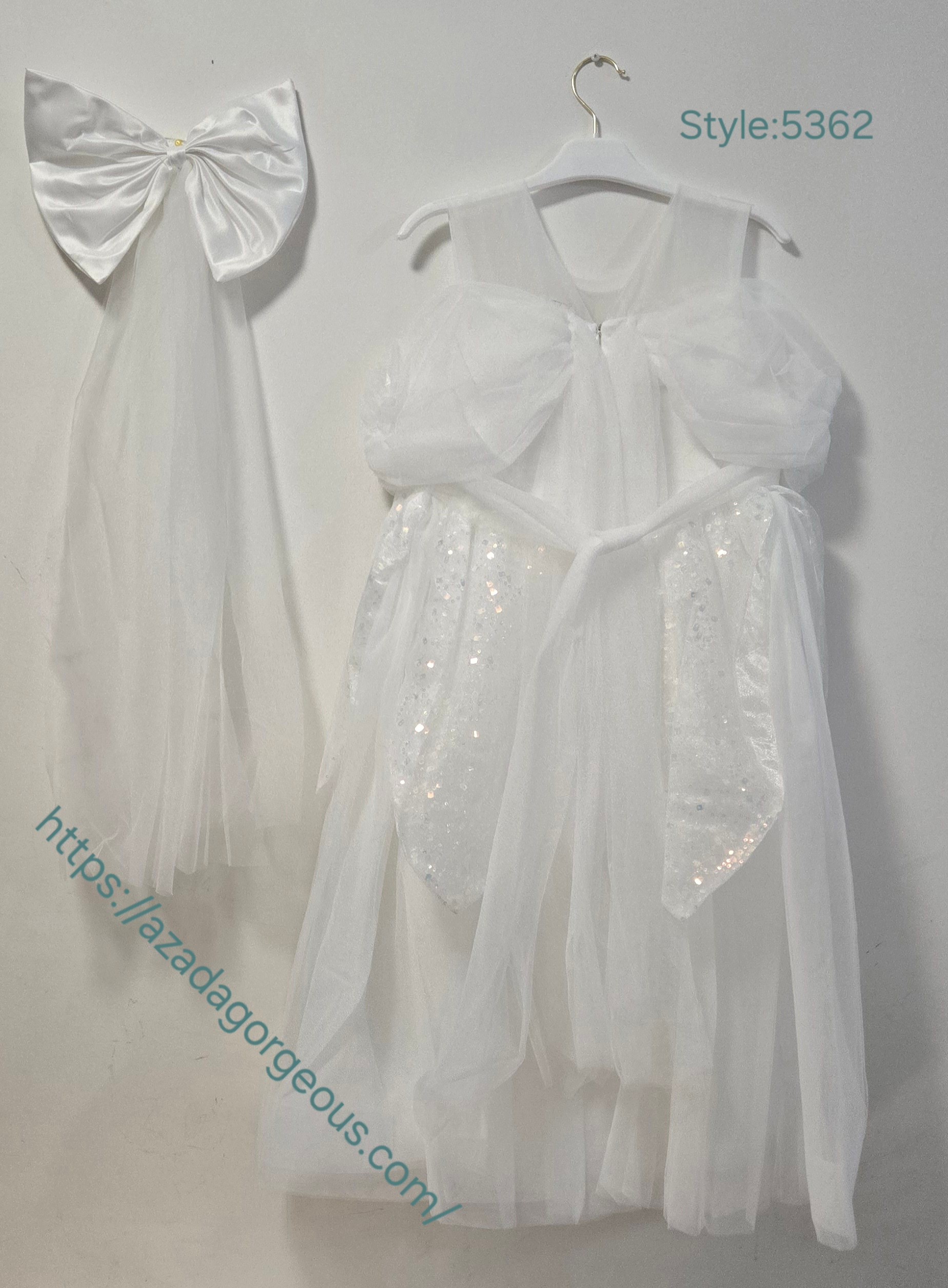 White Sequin Tulle Dress with Bow Accessory:5365 - photo 2