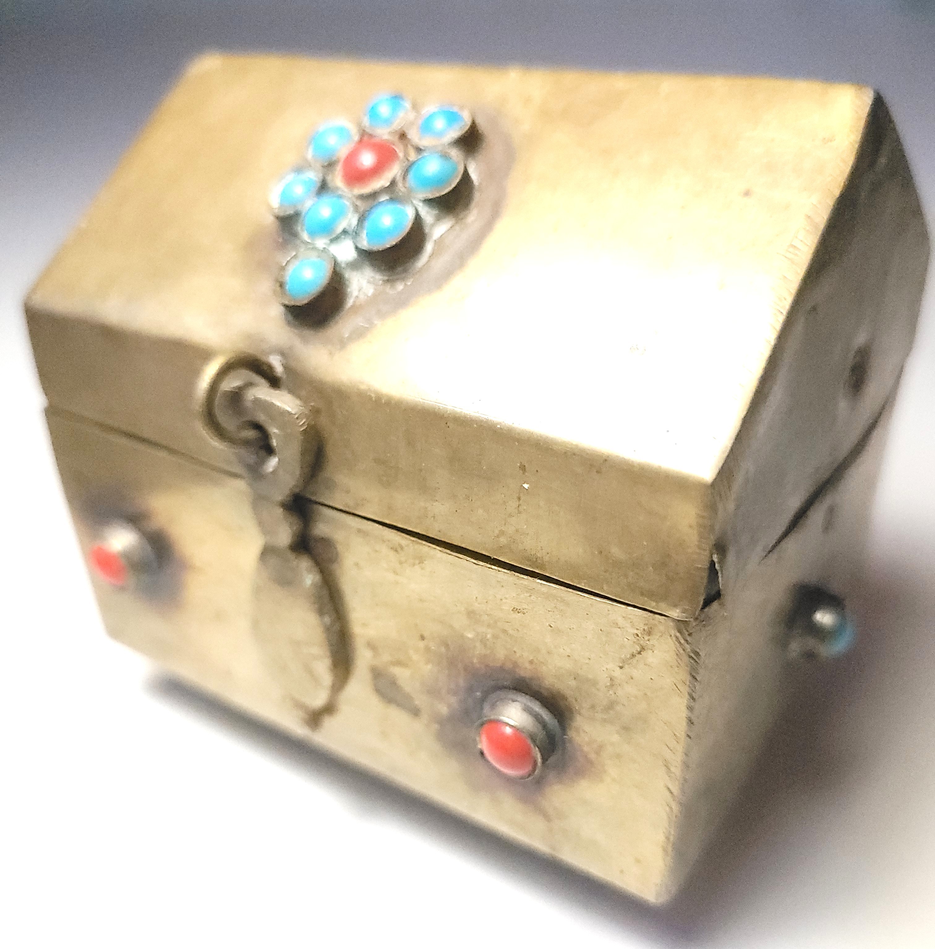 1950 Tibetan Brass Trinket Box Turquoise Coral Cabochons Small