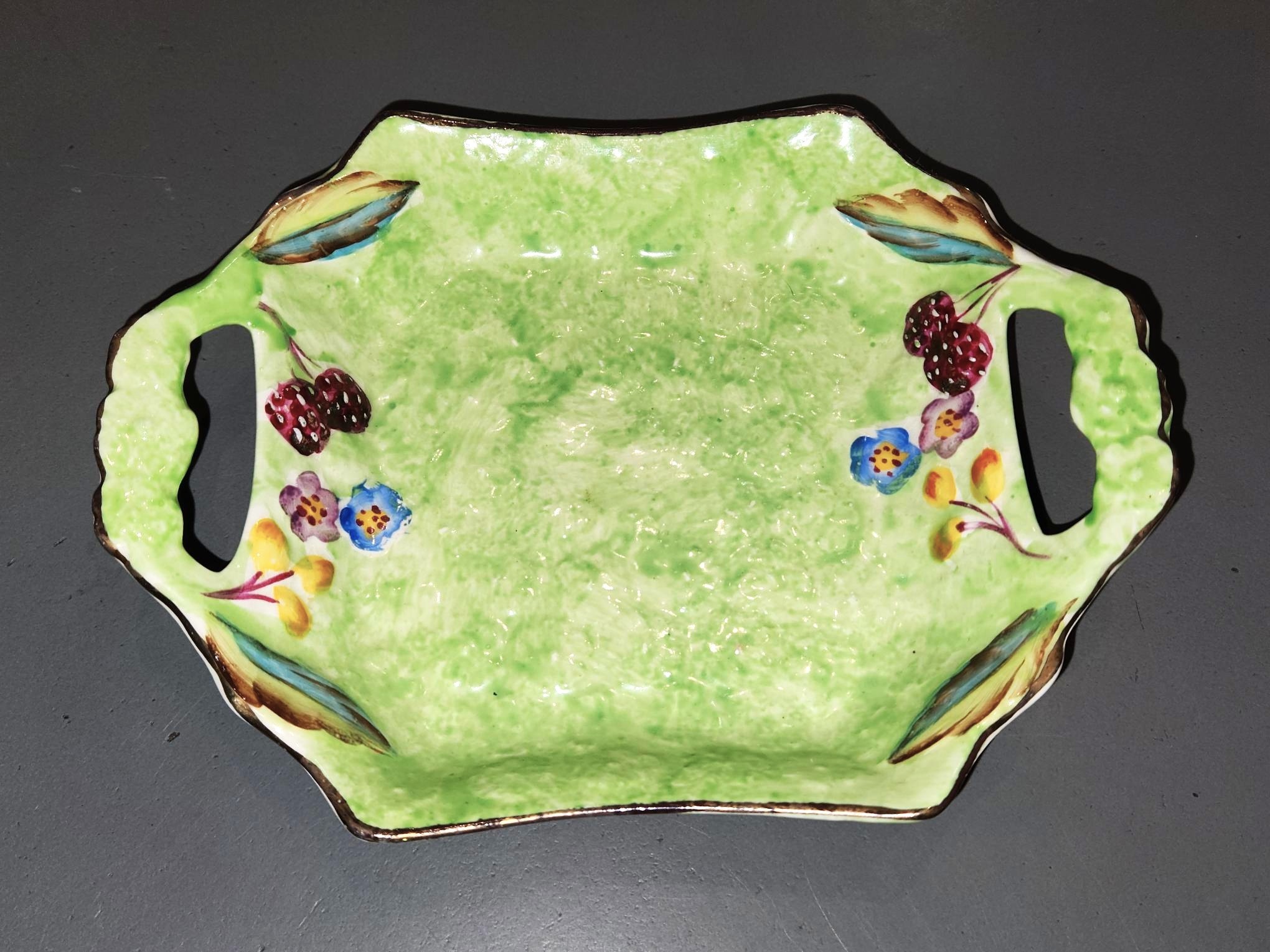 Square Trinket Dish Handled Hand Painted Floral Berry England