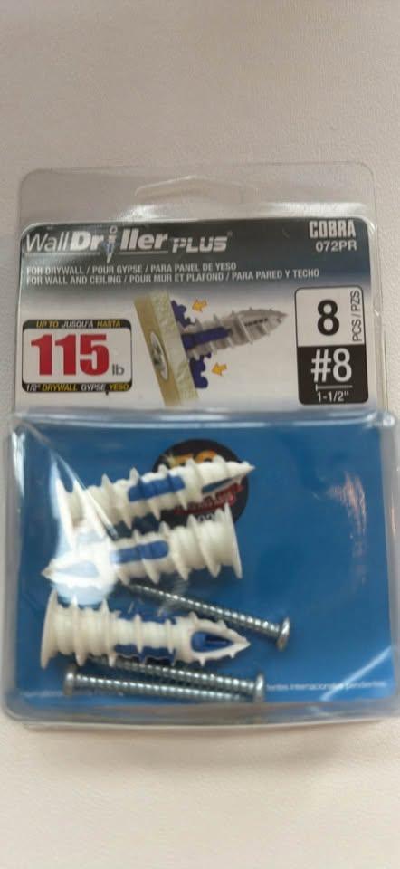 WallDriller PLUS Cobra #8 Drywall Anchors (8 pcs)