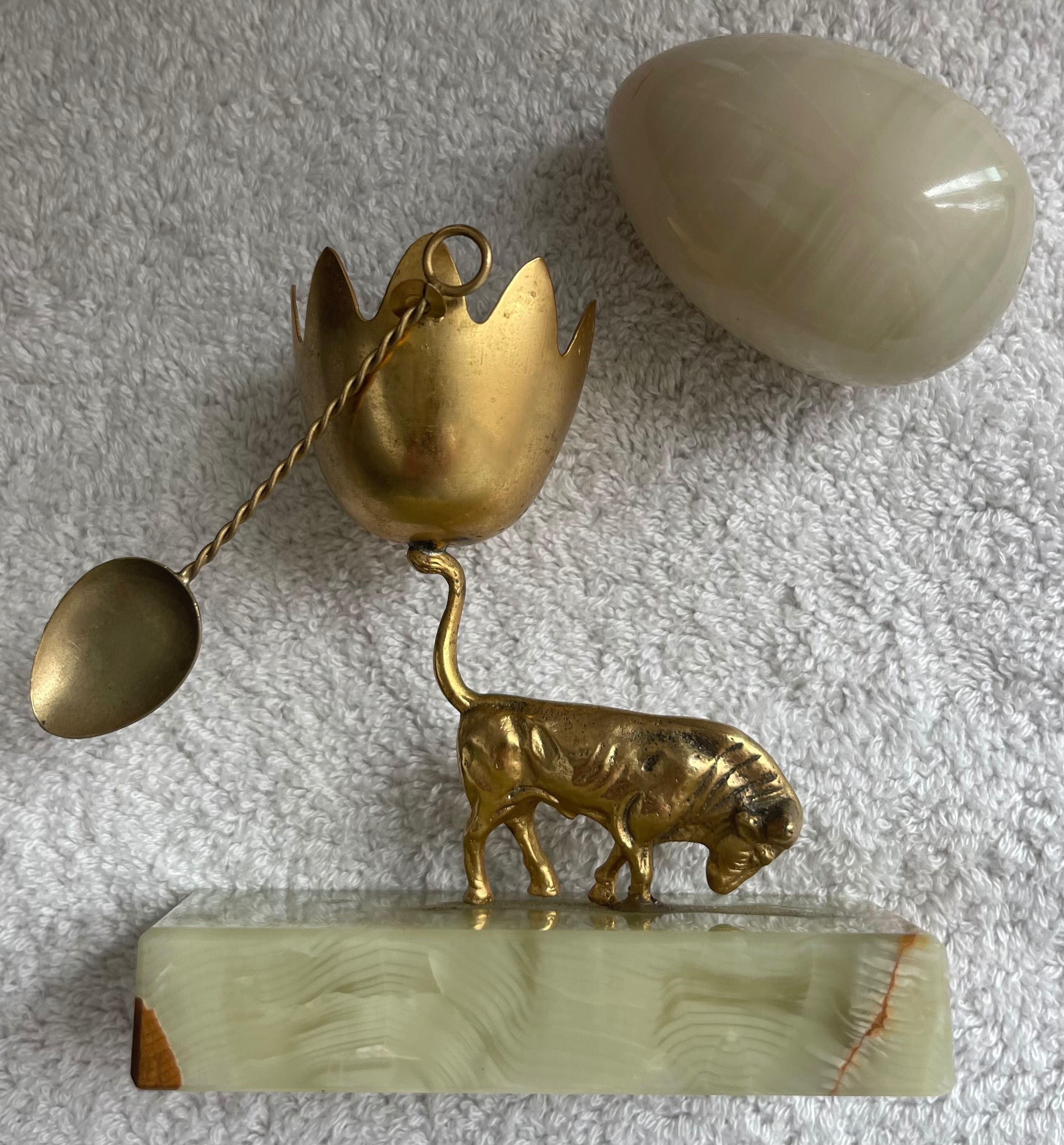 Vintage Brass Ox & Heavy Solid Onyx Egg Cup with Spoon - photo 3