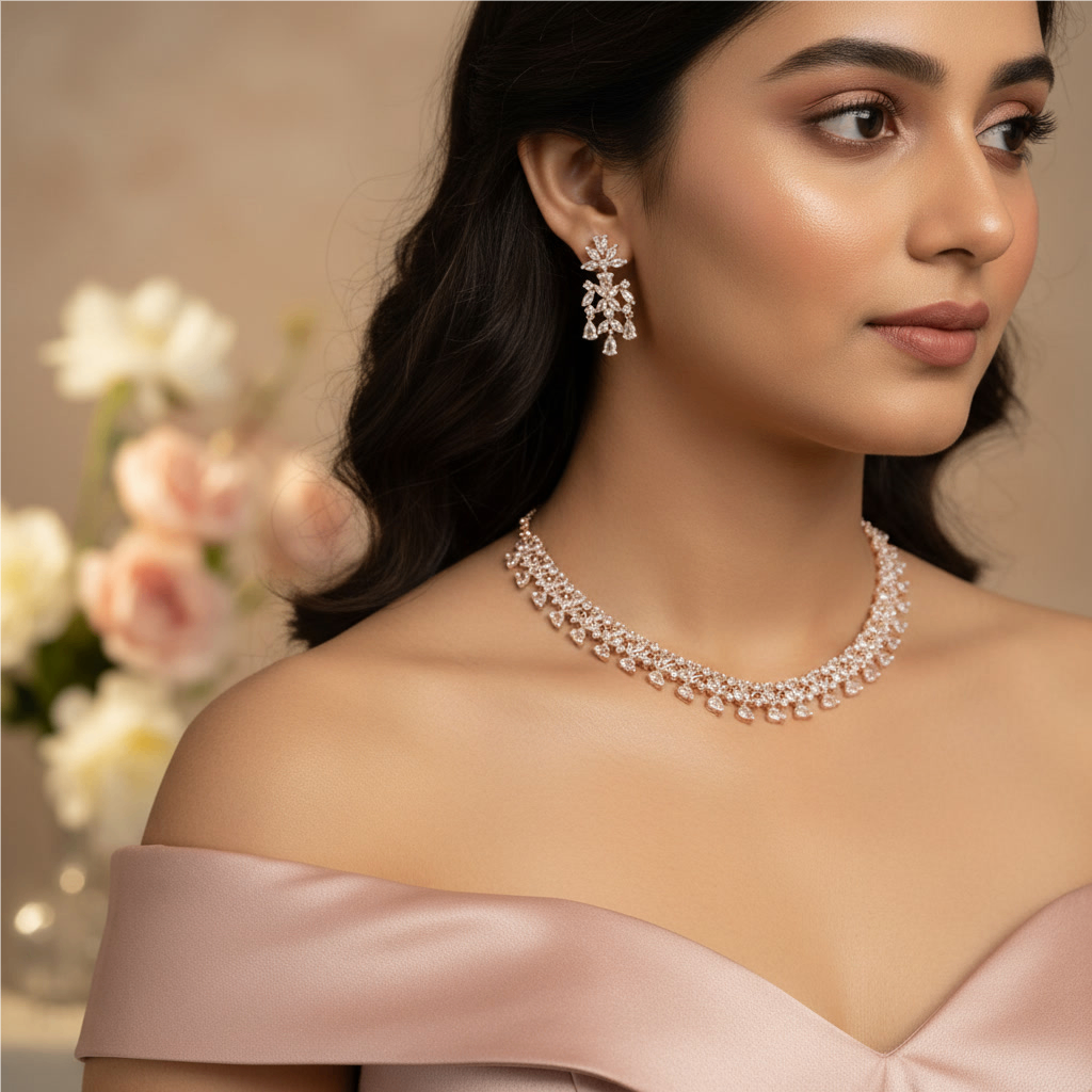Rose Gold Diamond Necklace and Earring Set