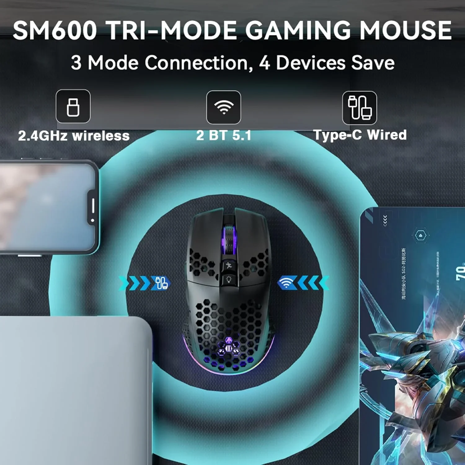 Solakaka SM600 Tri-Mode Wireless Gaming Mouse RGB I – New Sealed - photo 3