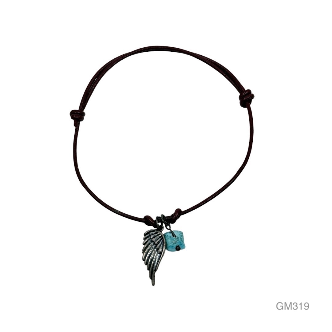 silver tone turquoise angel wing leather cord bracelet - GM319