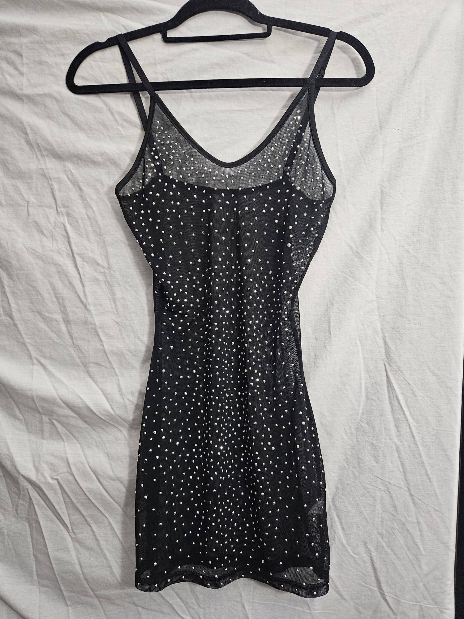 Black Sheer Mesh Rhinestone Bodycon Mini Dress