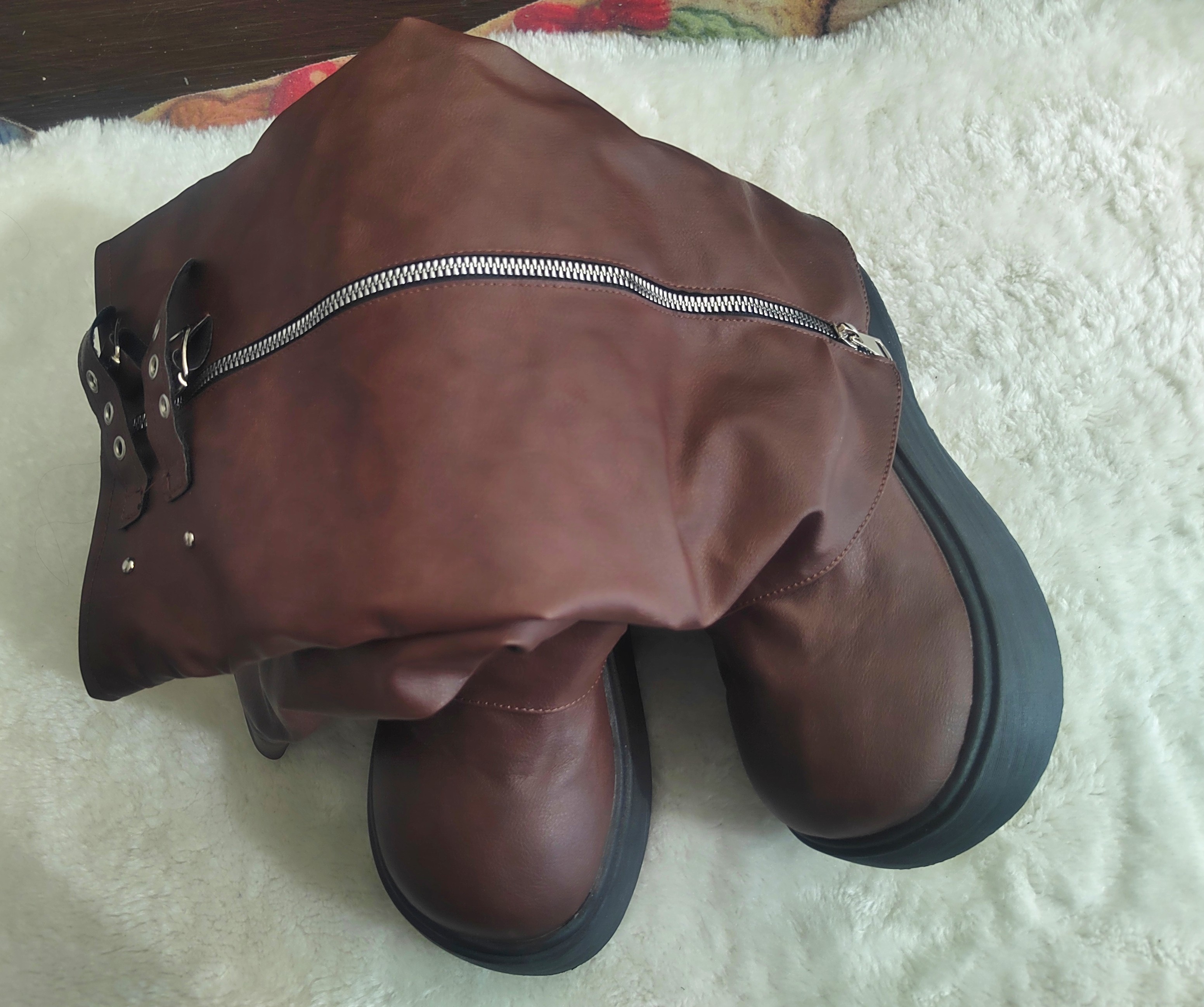 Brown Faux Leather Knee-High Boots with Zipper