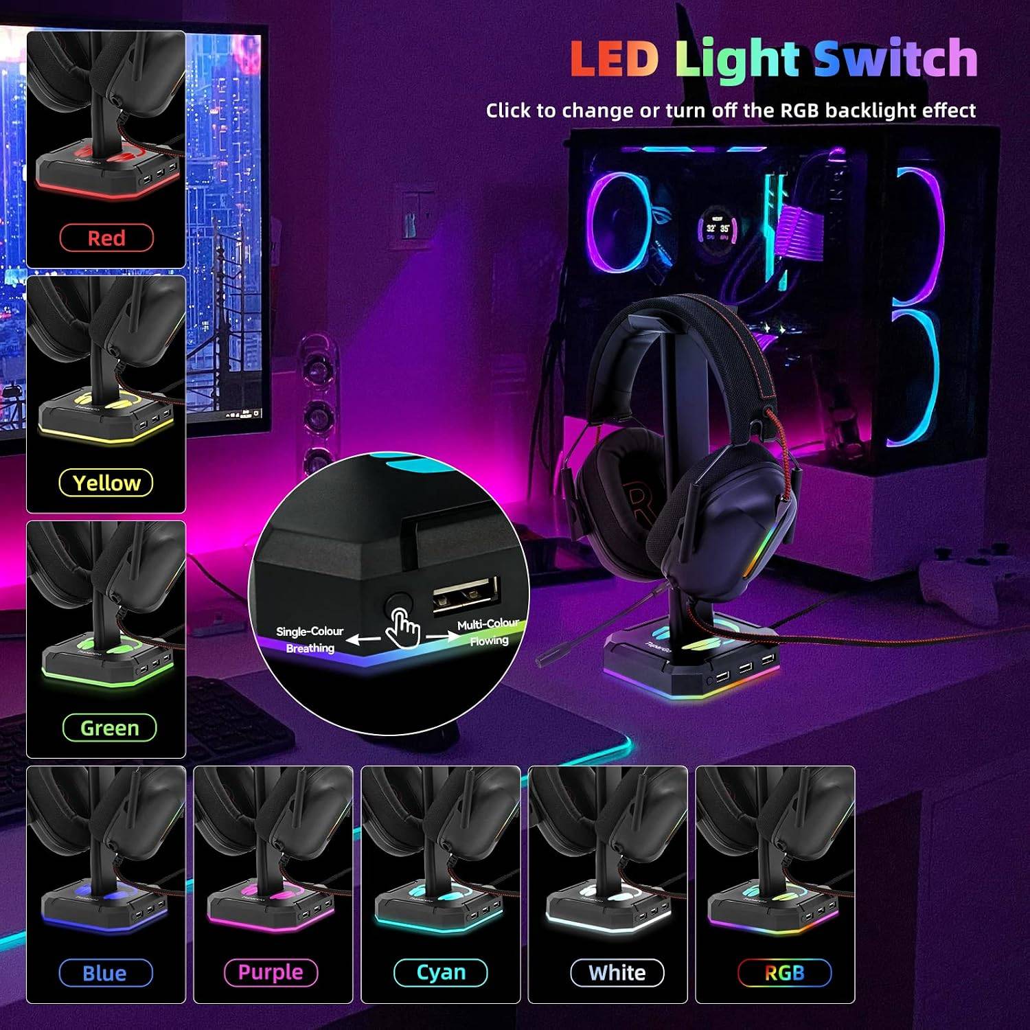 Headphone Stand RGB Lights Gaming Headset Holder with 3 USB Port - photo 3