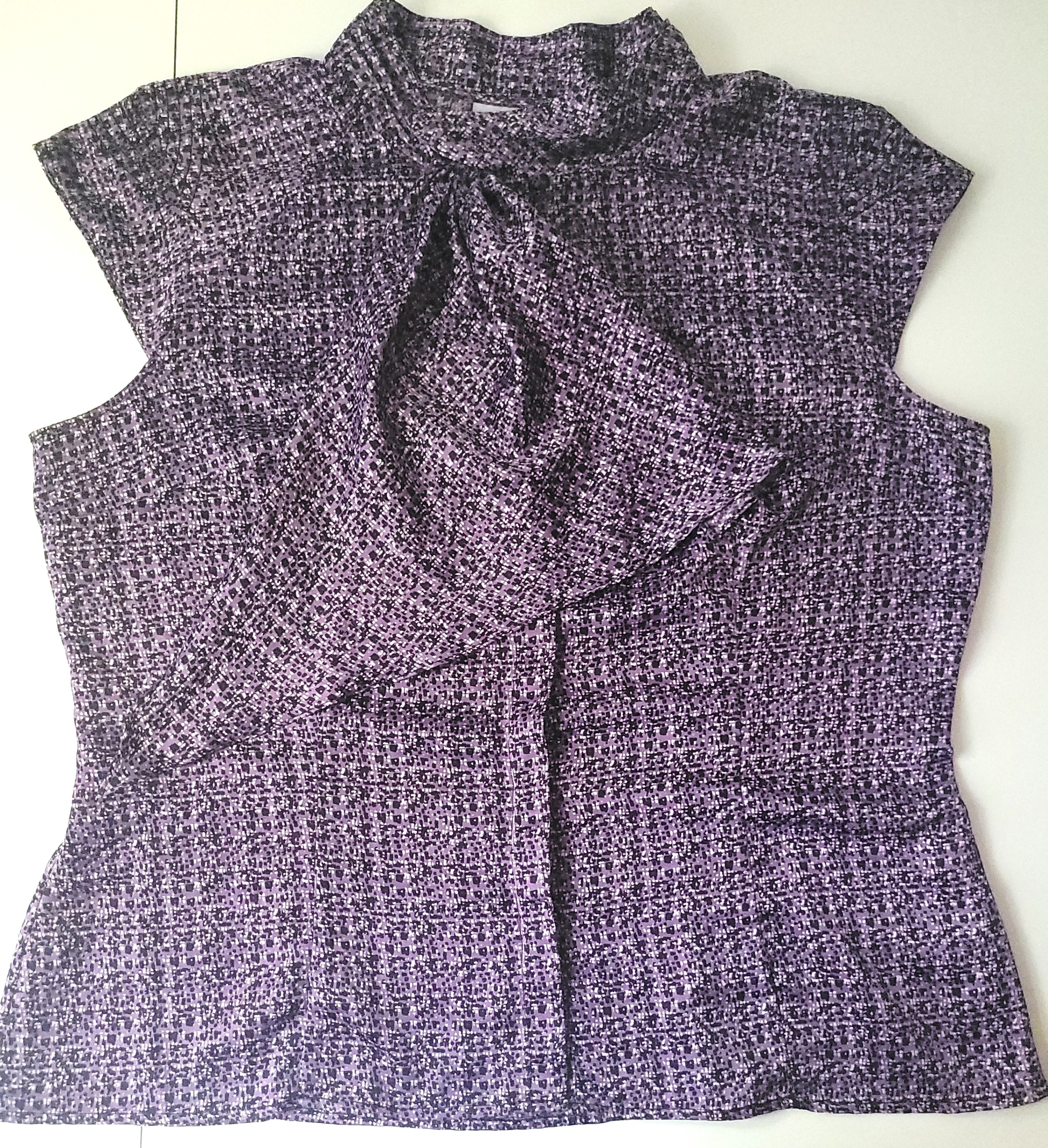 Worthington Purple Geometric Grid Tie Neck Cap Sleeve Blouse Top