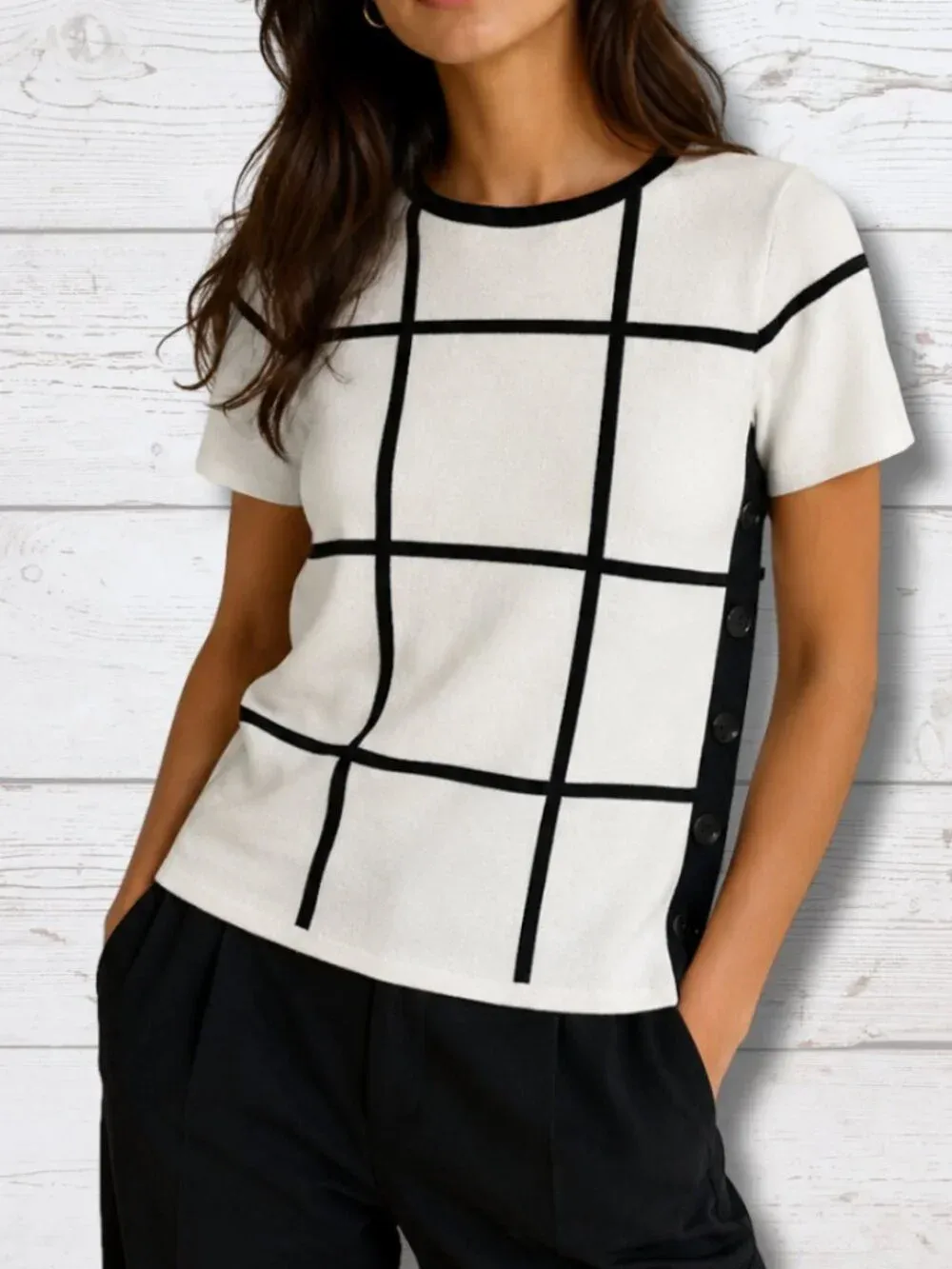 Ann Taylor Factory Petite Black & White Checkered Sweater Top