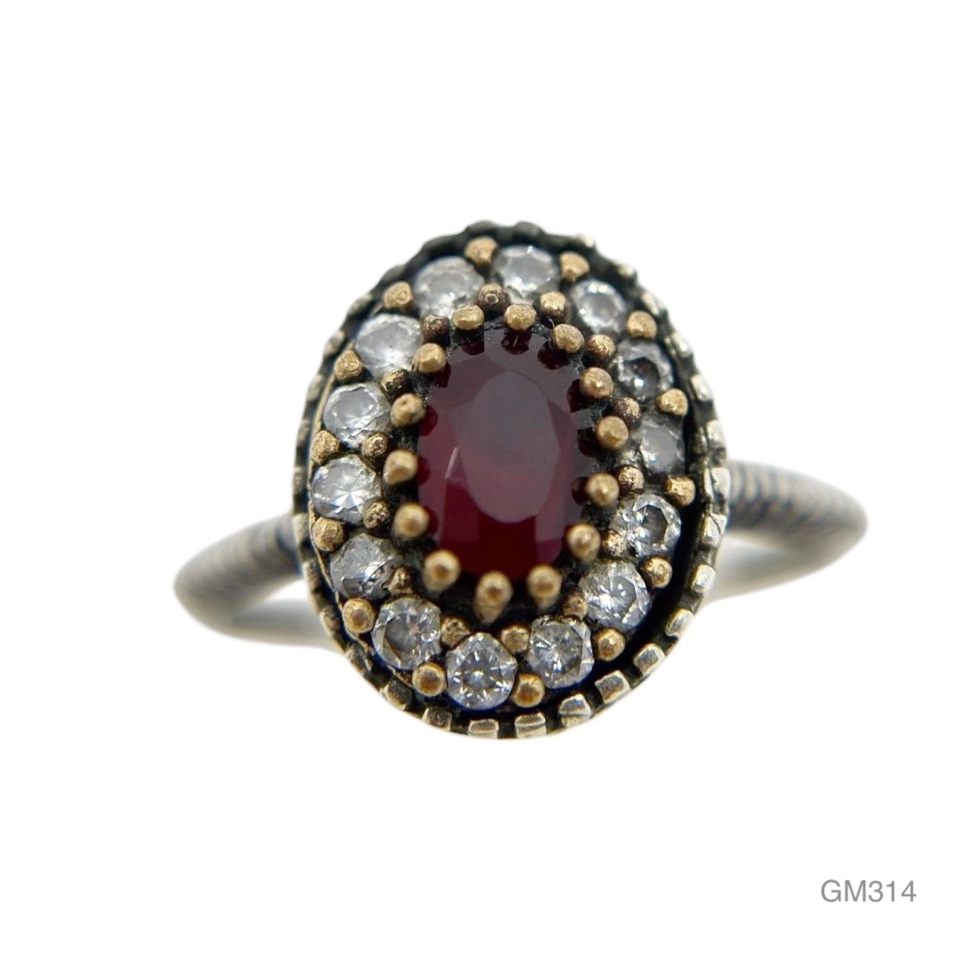 Turkish sterling silver glass ruby & cubic zirconia ring - GM314