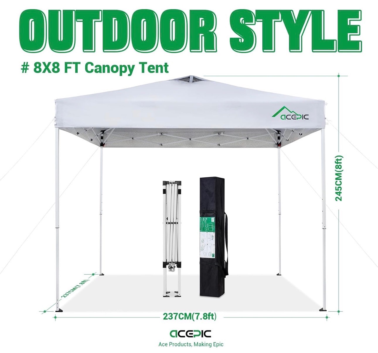 Pop Up Canopy 8x8ft Silver-Coating Portable Shelter UV Protect - photo 3
