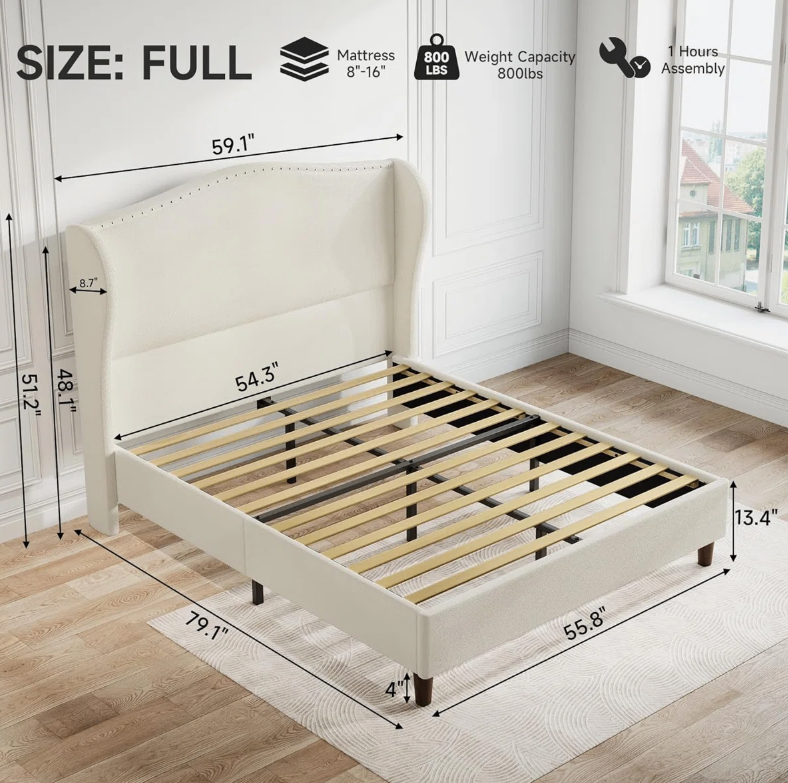 Wingback Upholstered Bed Frame - Full Size - Beige (New in box) - photo 4