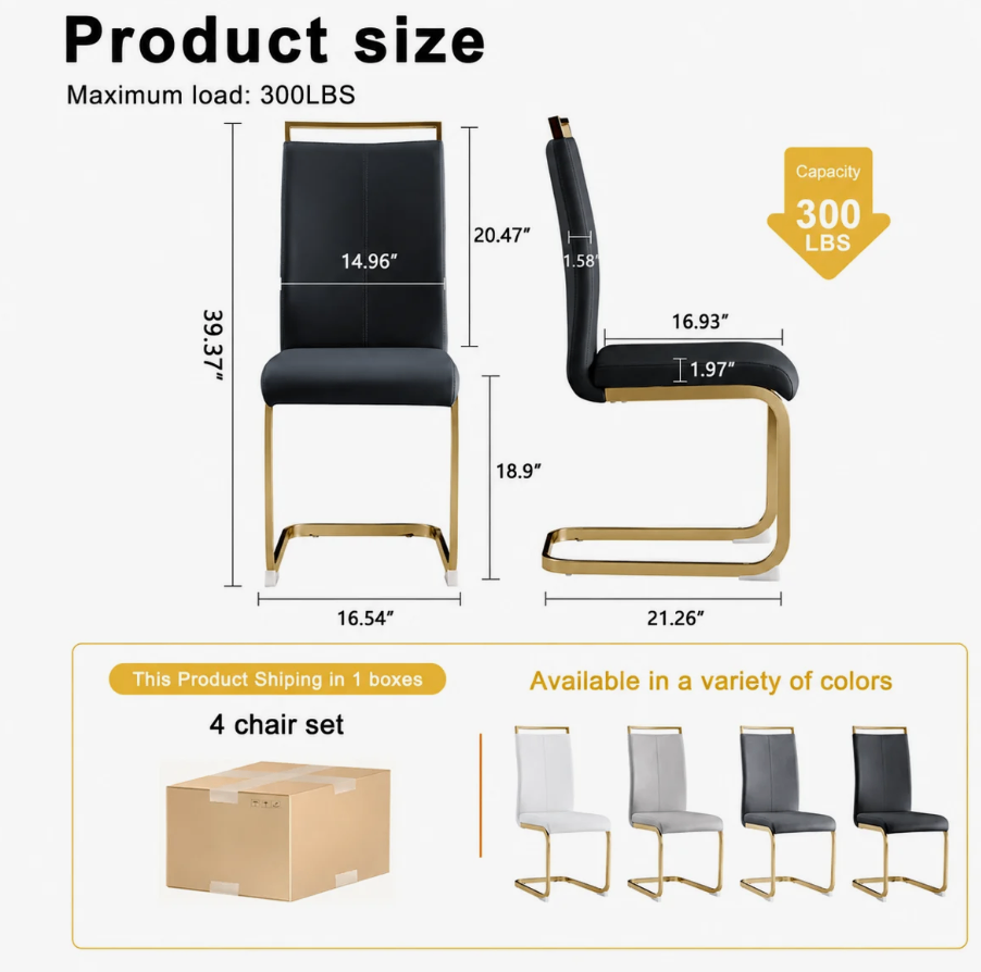 4 Black Faux Leather Dining Chairs with gold legs - New in box - photo 4
