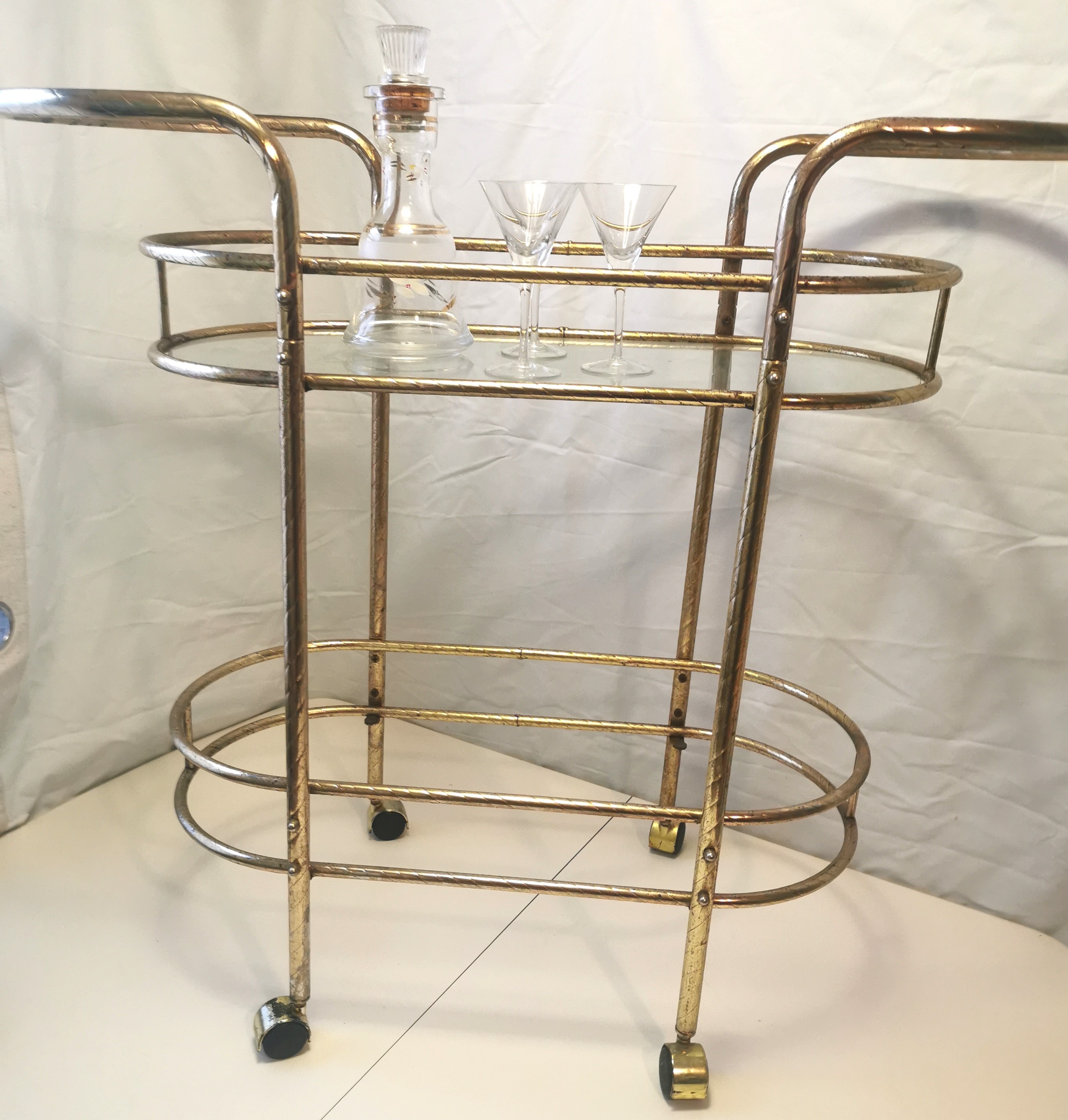 1970s Hollywood Regency Brass Oval Bar Cart  36" Length - photo 2