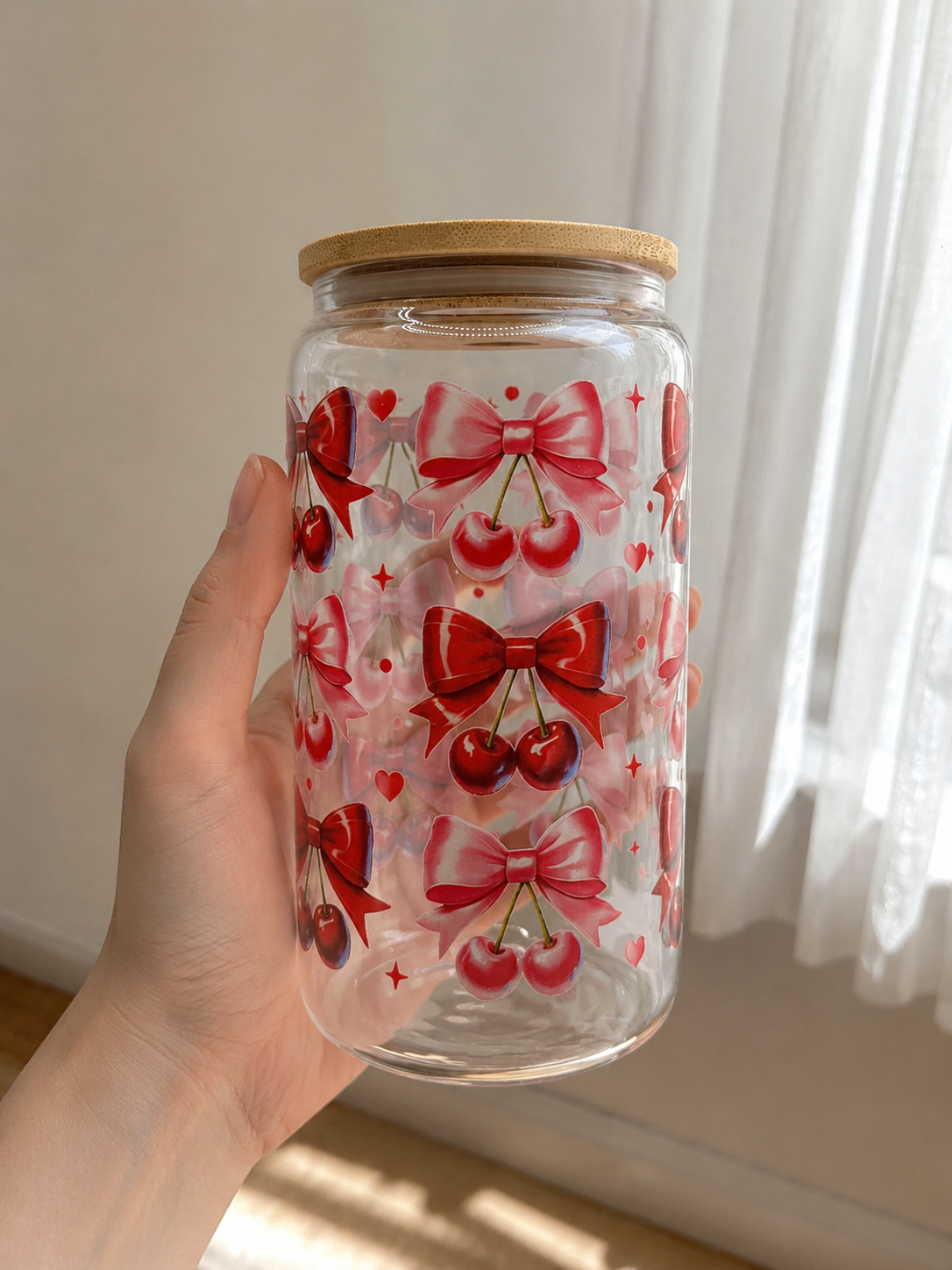 Cherry Bow Glass Can Tumbler with Bamboo Lid