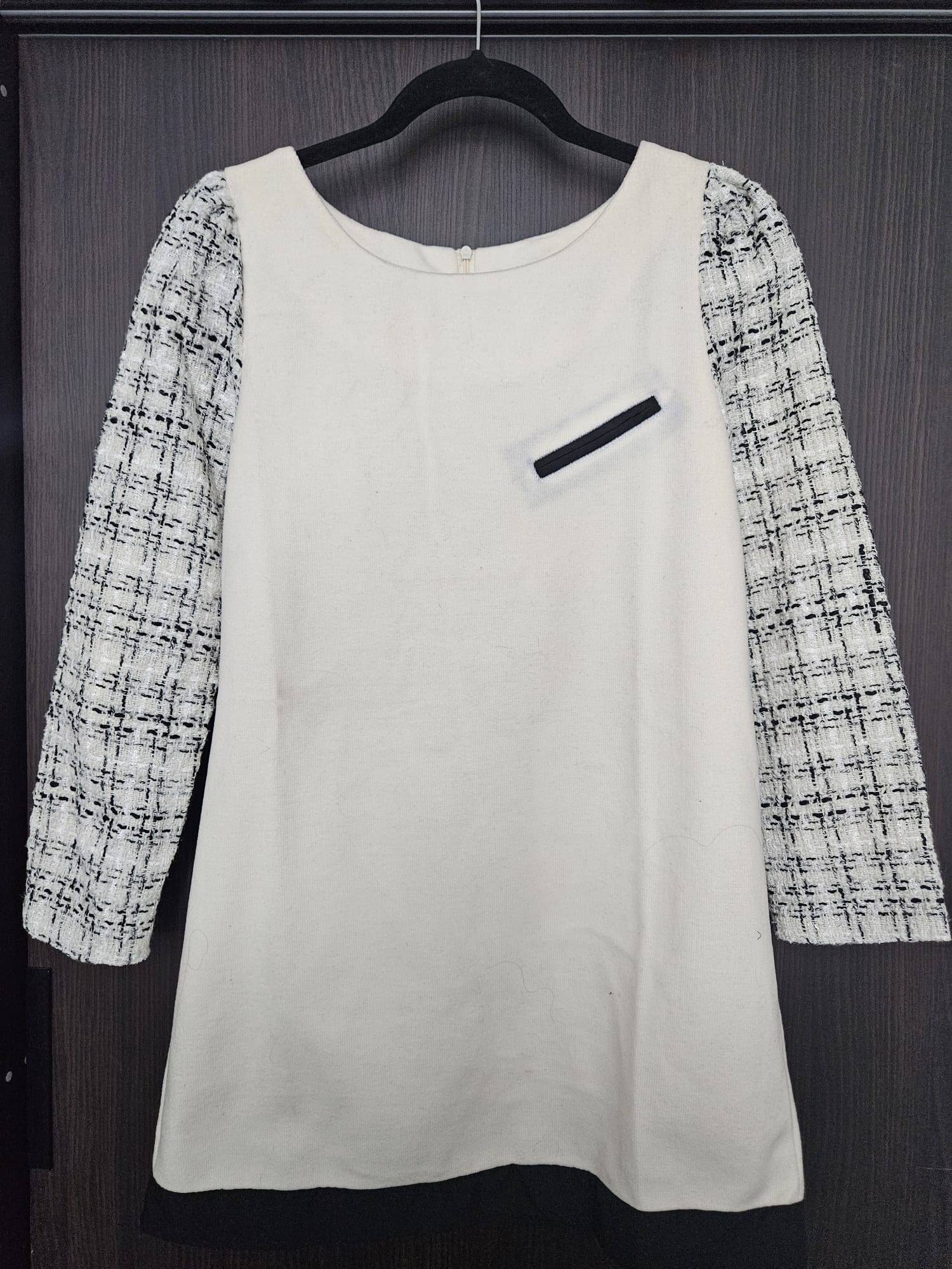 Cream Mod Shift Dress with Tweed Statement Sleeves