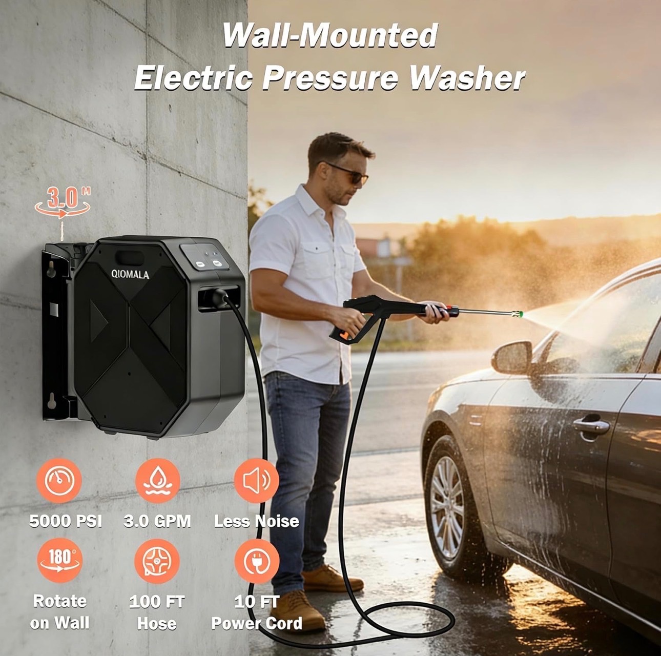 Pressure Washer 5000max-PSI Wall Mounted Power Washer 100ft Retr