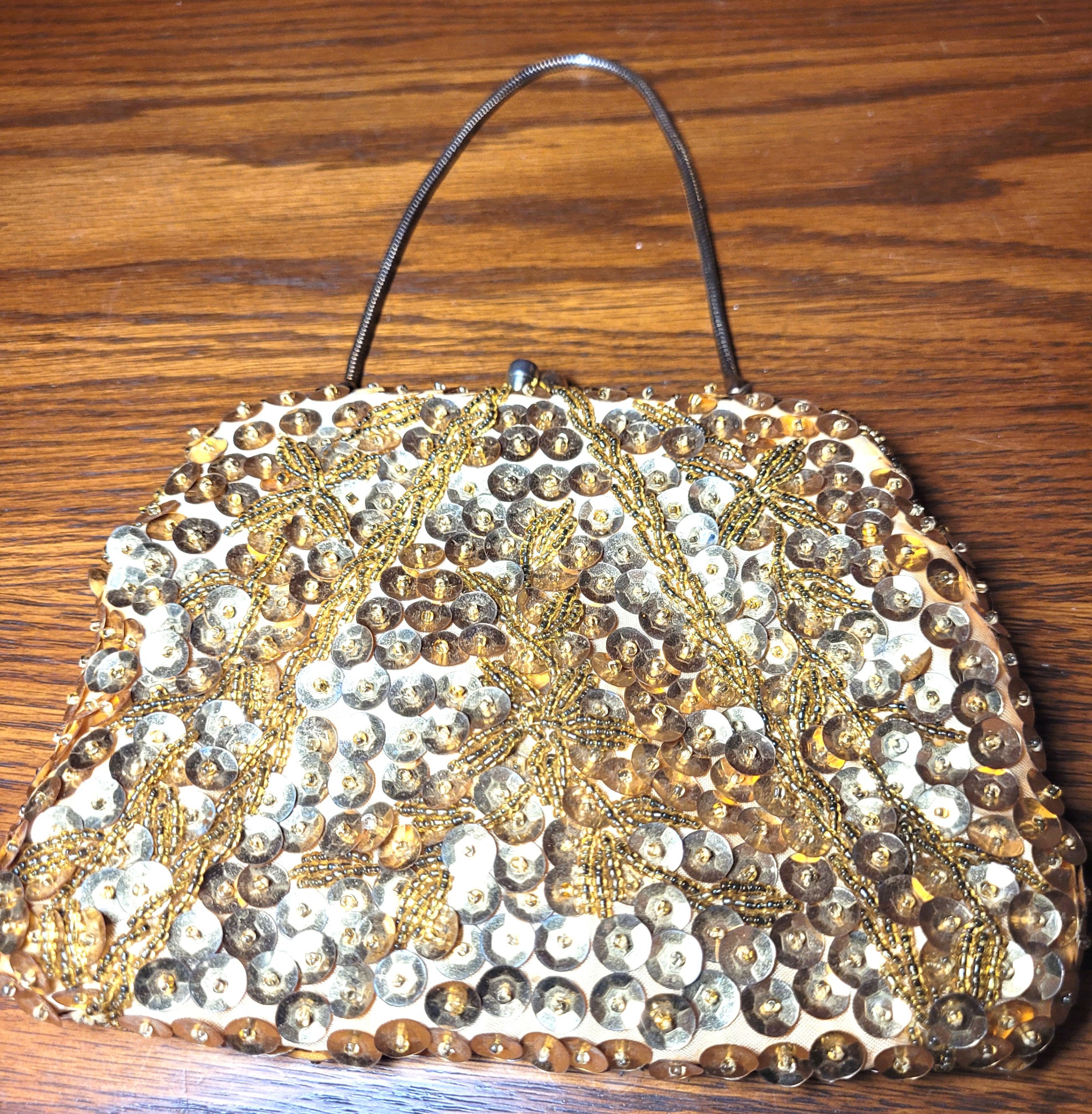 60s Goldco Gold Beaded Sequined Evening Clutch Purse Hong Kong