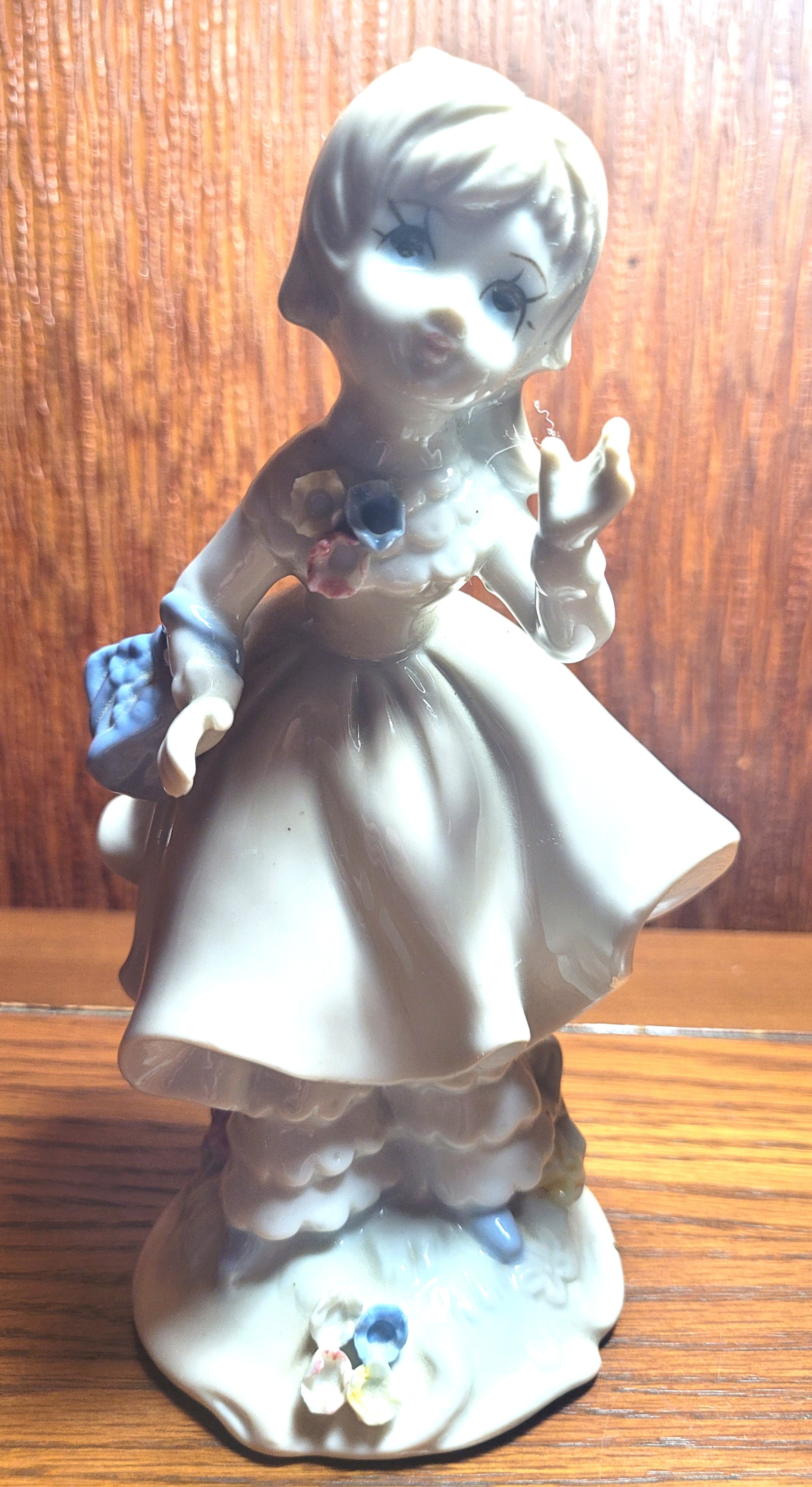 1970s Porcelain Girl Figurine with Ponytail & Ruffled Dress - 7"