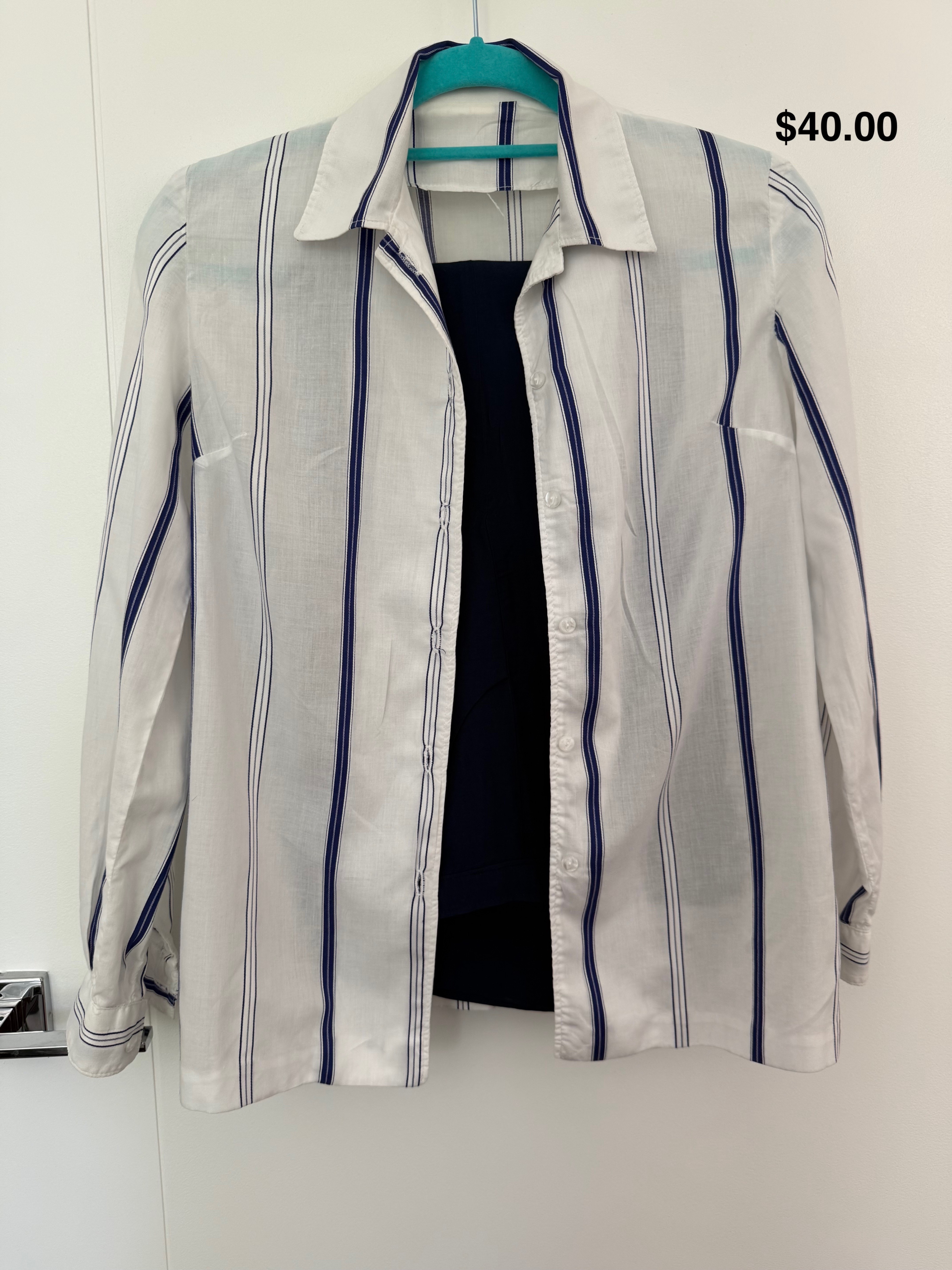 White Striped Button-Up Shirt and Navy Pants