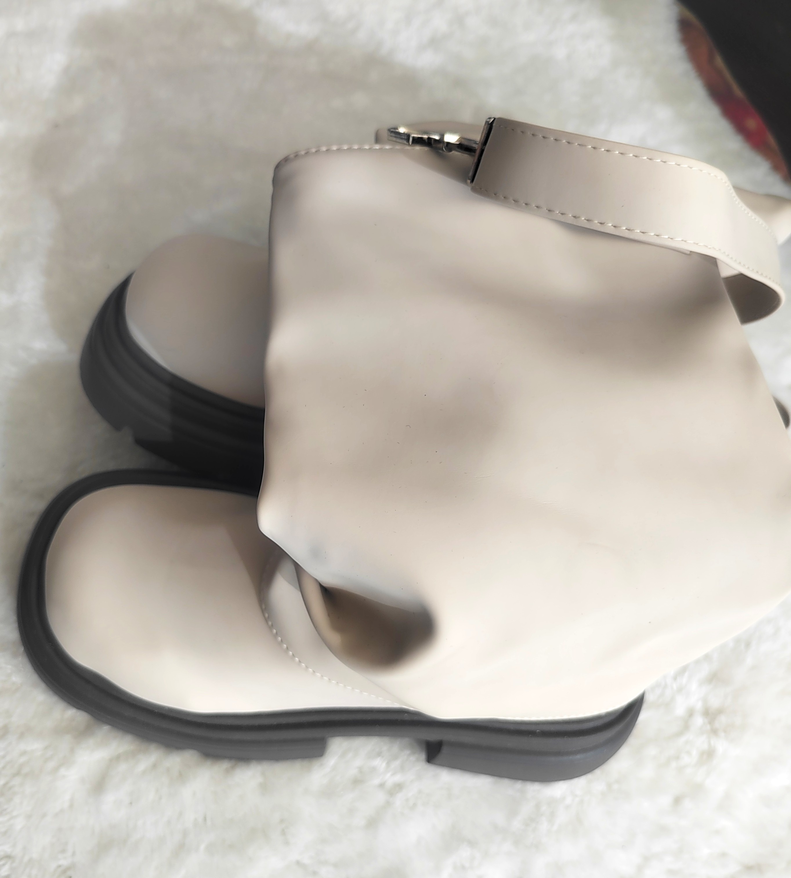 Cream Mid-Calf Boots with Buckle Detail