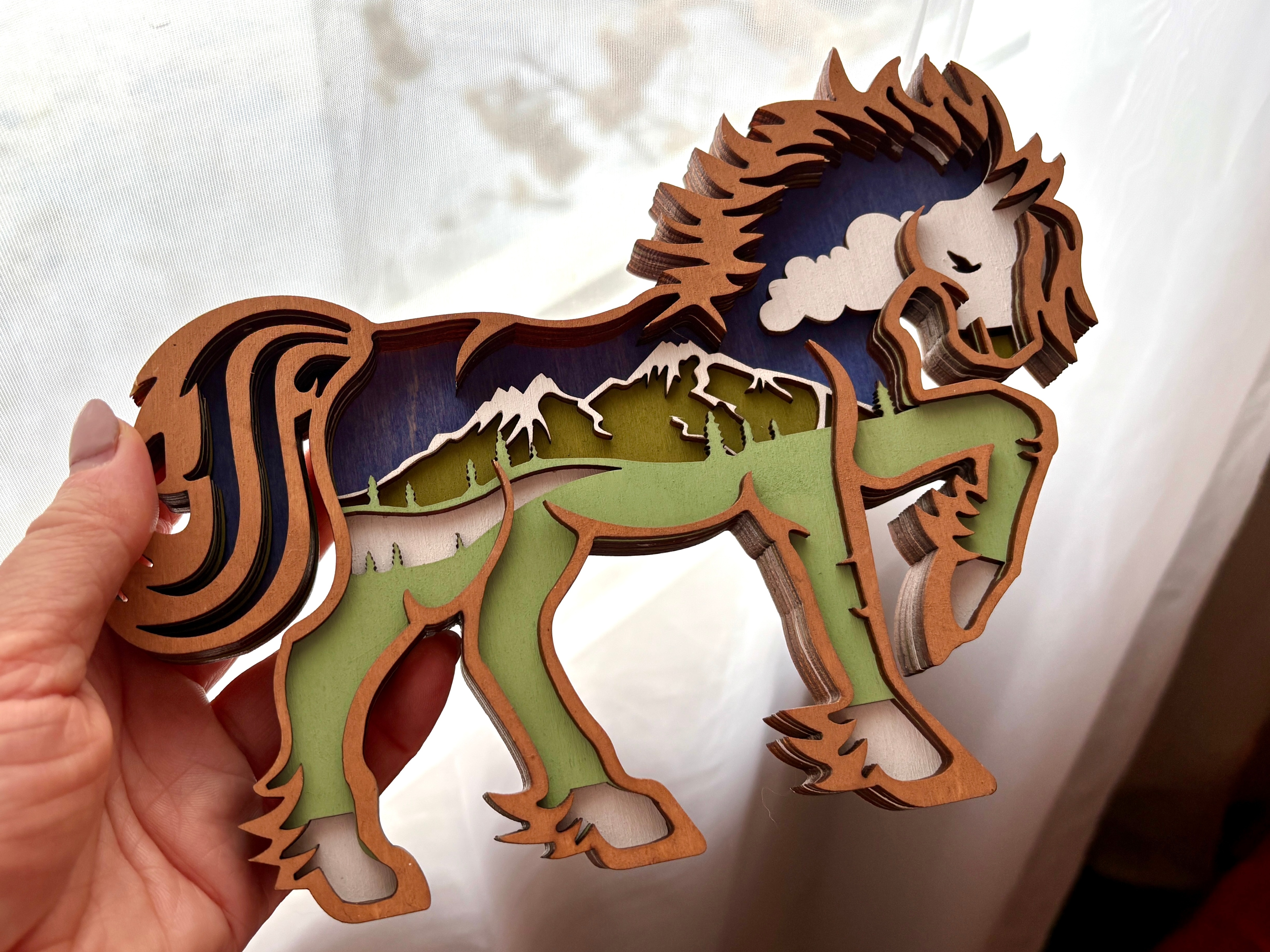 Wooden Multi-Layer Carving Craft Ornament - 3D Wood Horse Decor
