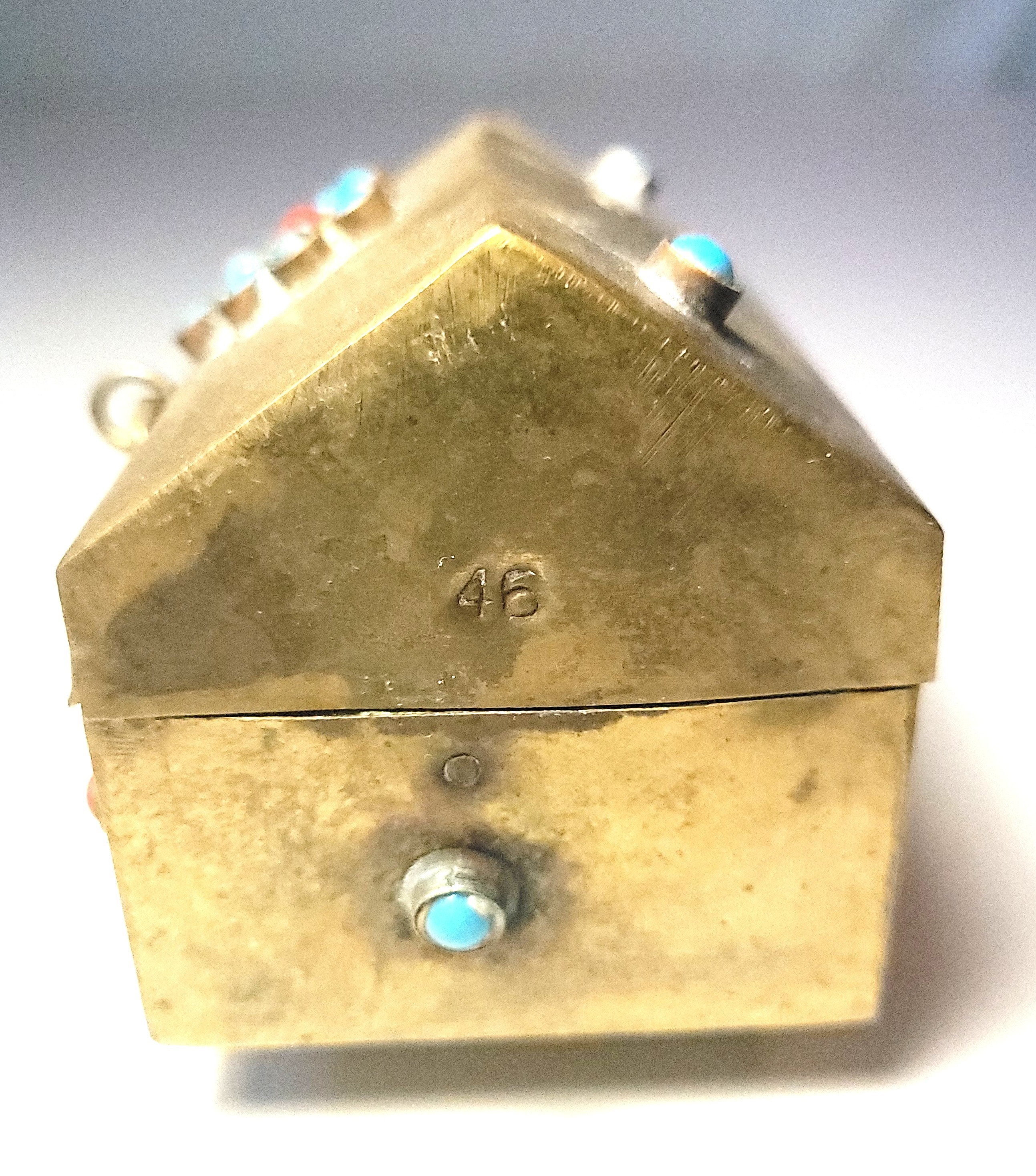 1950 Tibetan Brass Trinket Box Turquoise Coral Cabochons Small - photo 2