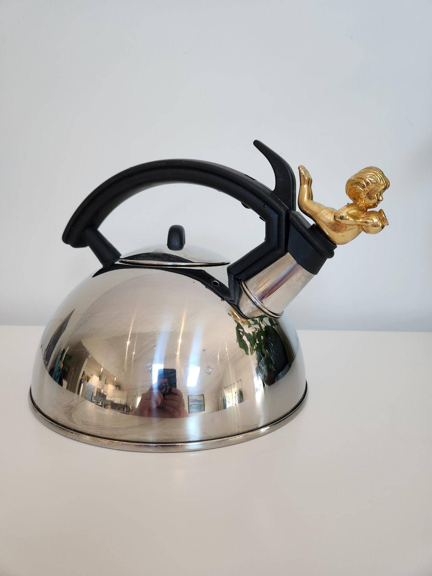 Stainless Steel Kettle Adorned with a Cherub/Child Pouring Water - photo 2