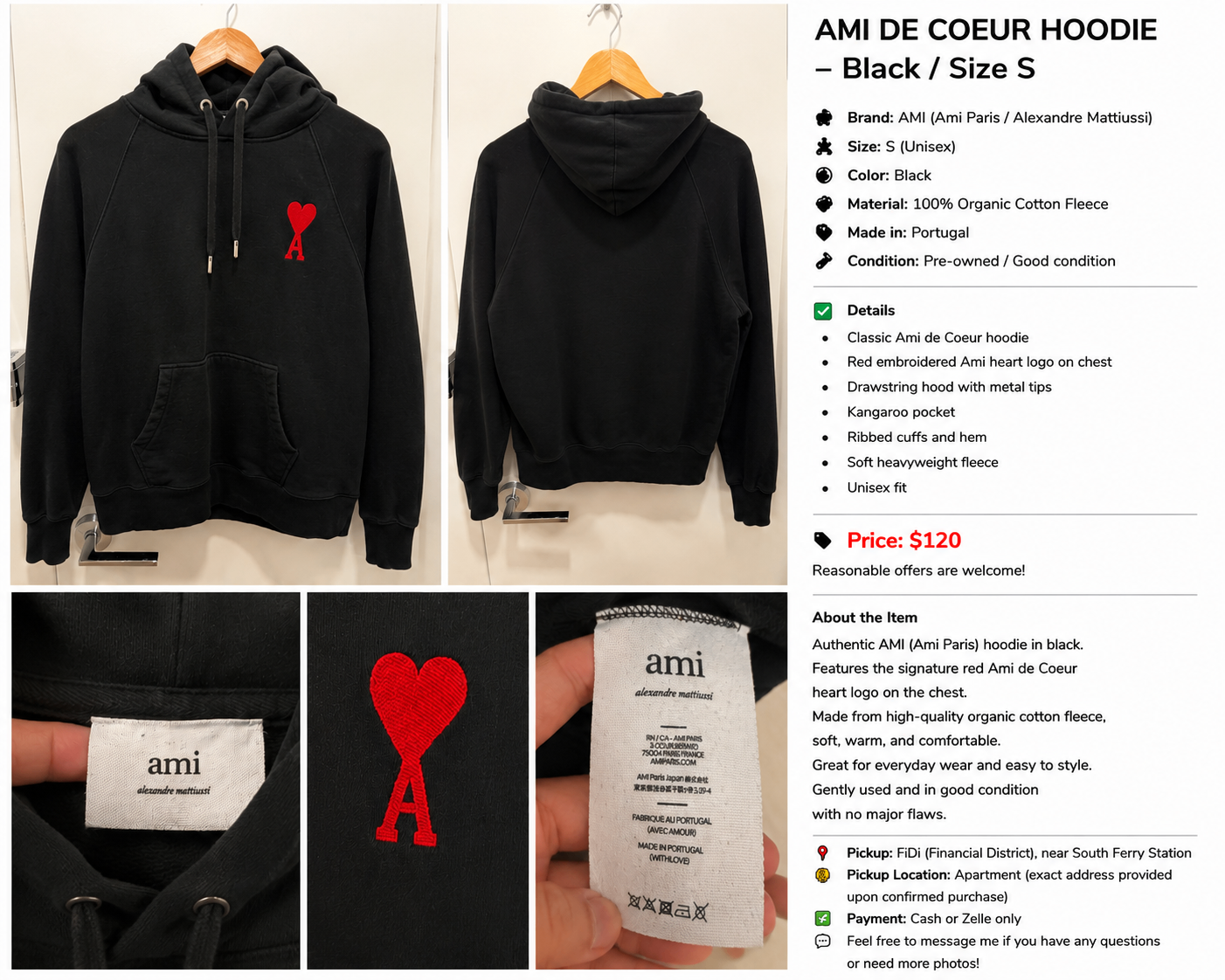 AMI Paris Ami de Coeur Hoodie – Black – Size S