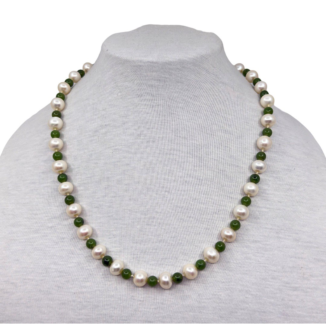 Sterling silver 11.5mm  pearl & jade necklace - GM323 - photo 2