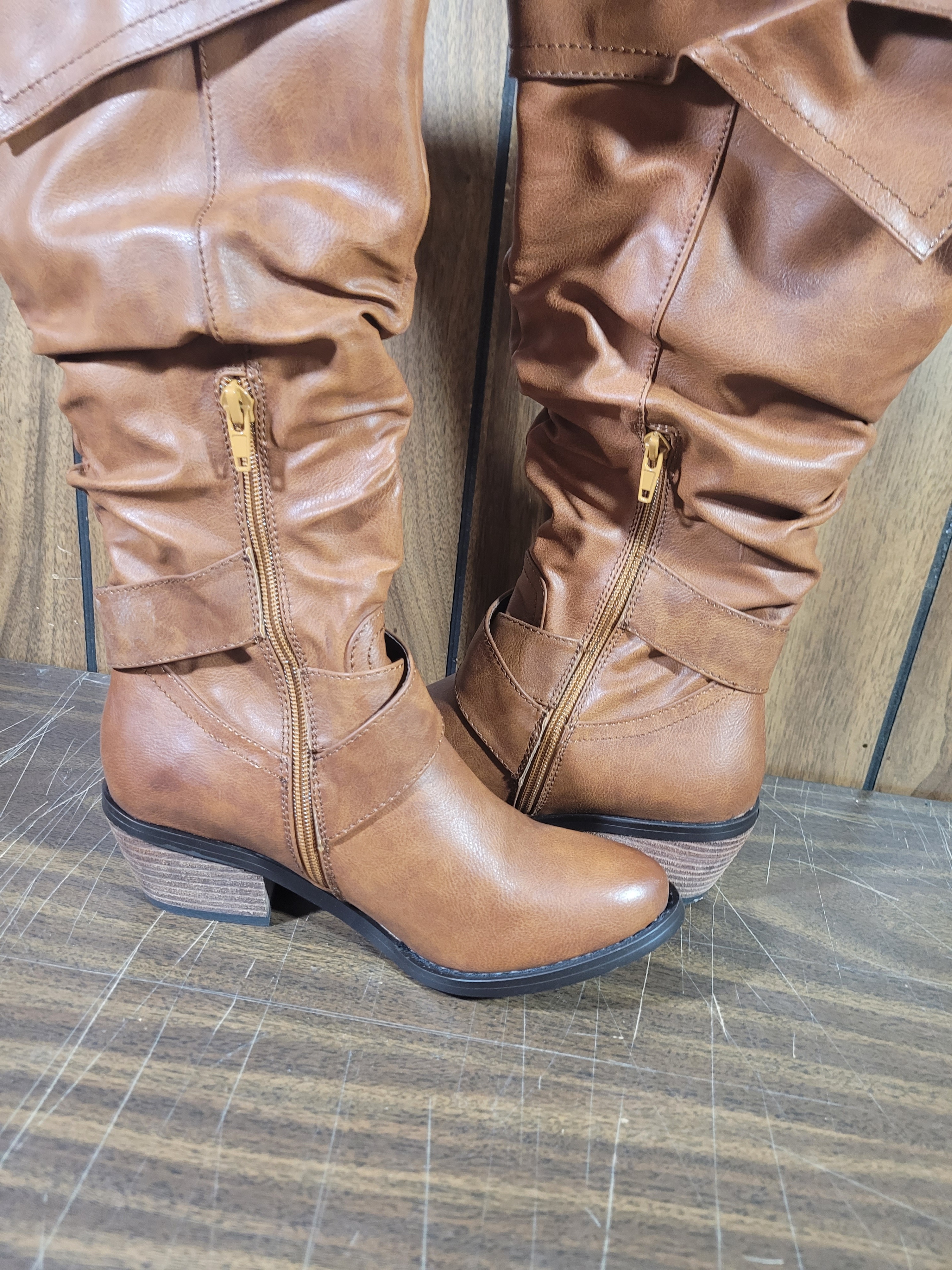Brown Ruched Knee-High Boots with Buckle Detail - photo 5