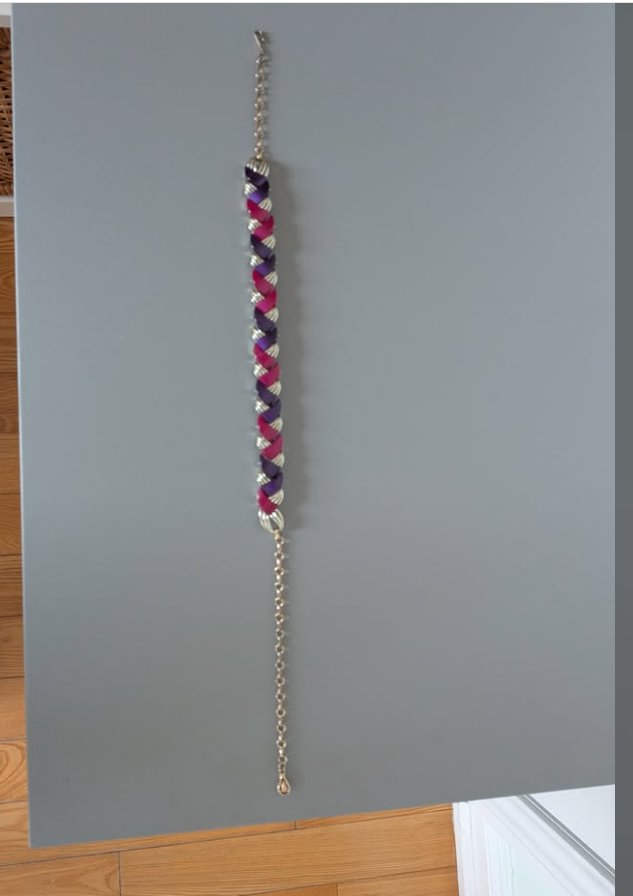 Braided Purple & Magenta Ribbon Bracelet with Gold-Tone Chain