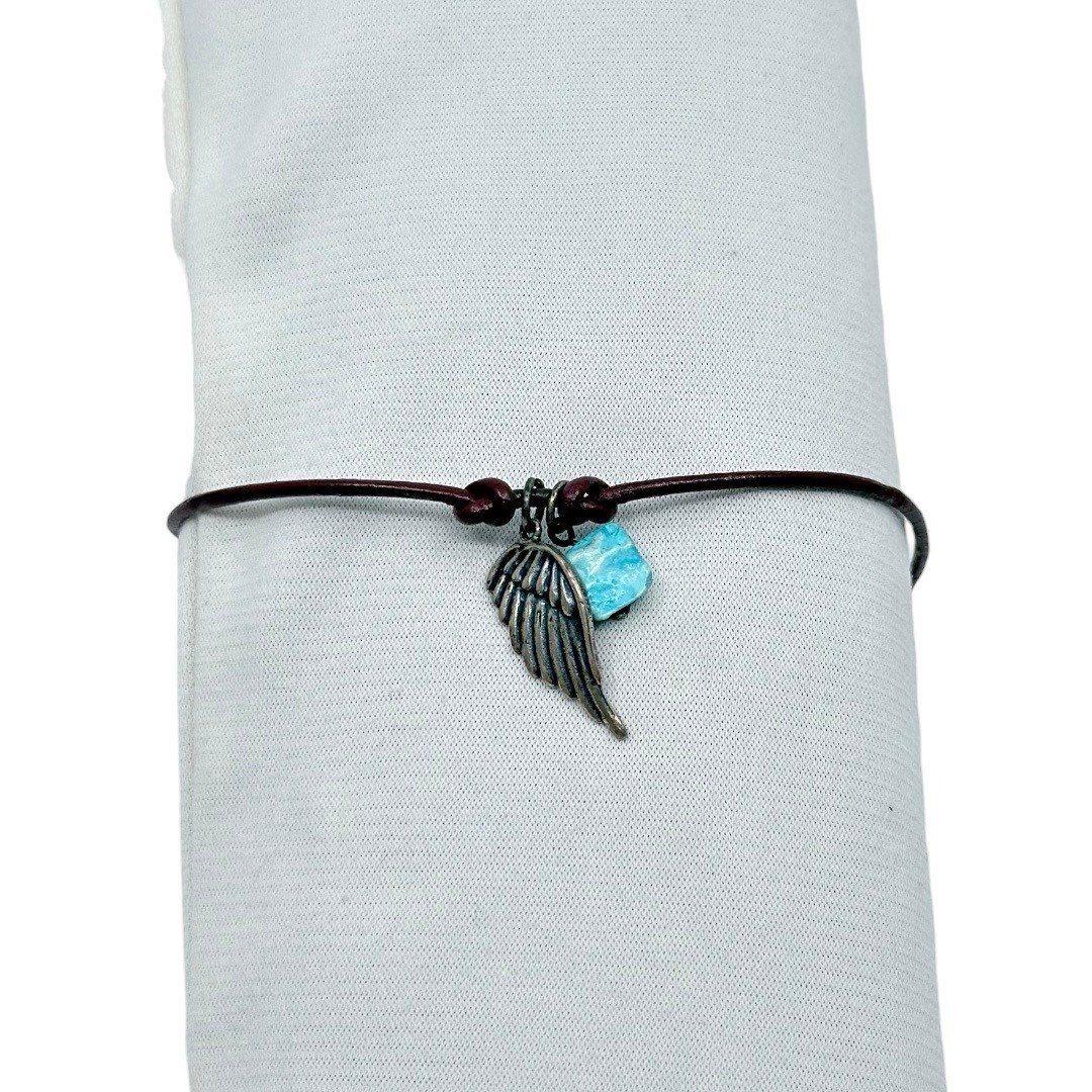 silver tone turquoise angel wing leather cord bracelet - GM319 - photo 2