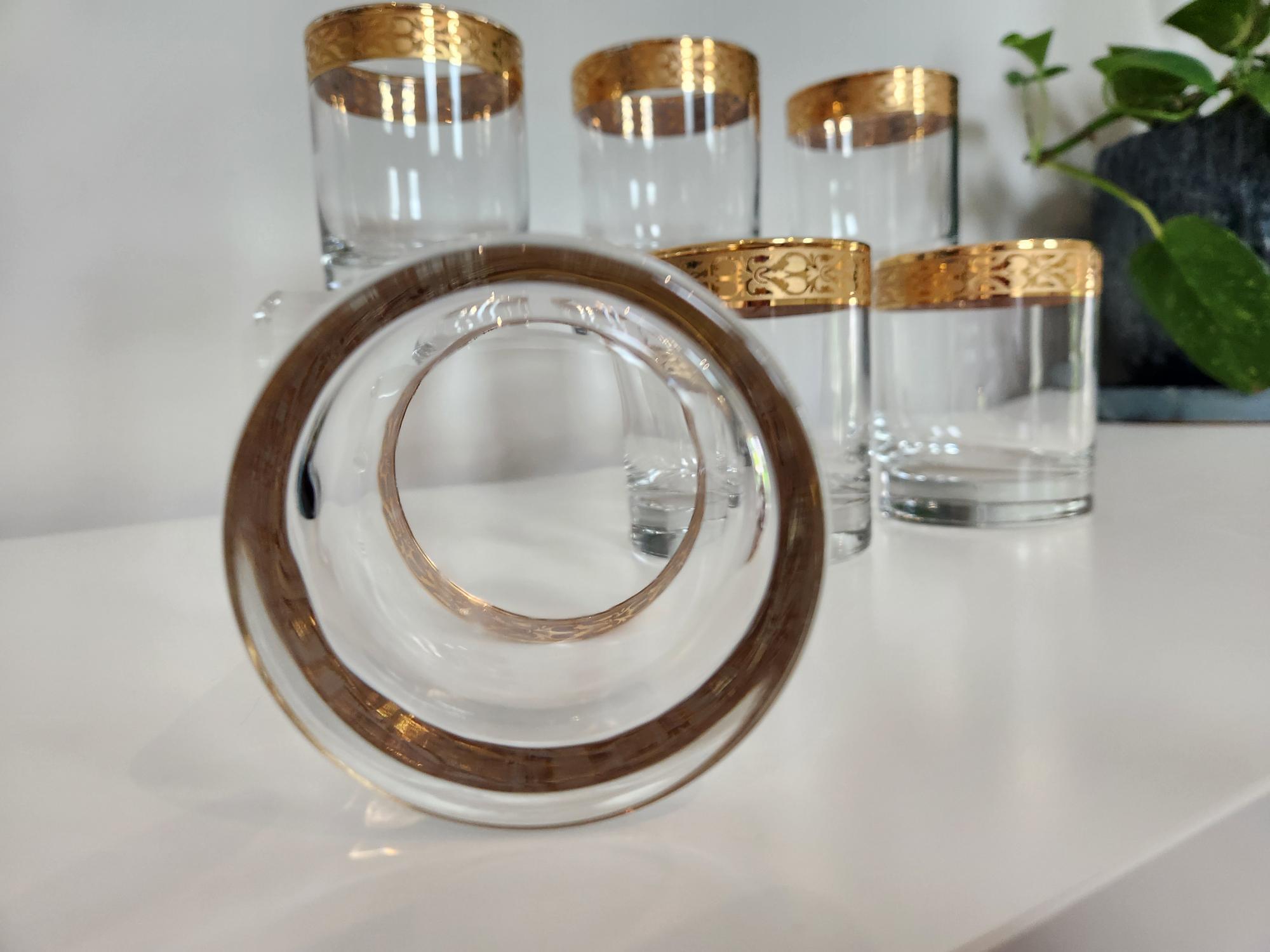 Set of 6 Vintage MCM Italian Gold Rim Small Rock Barware Glasses - photo 3
