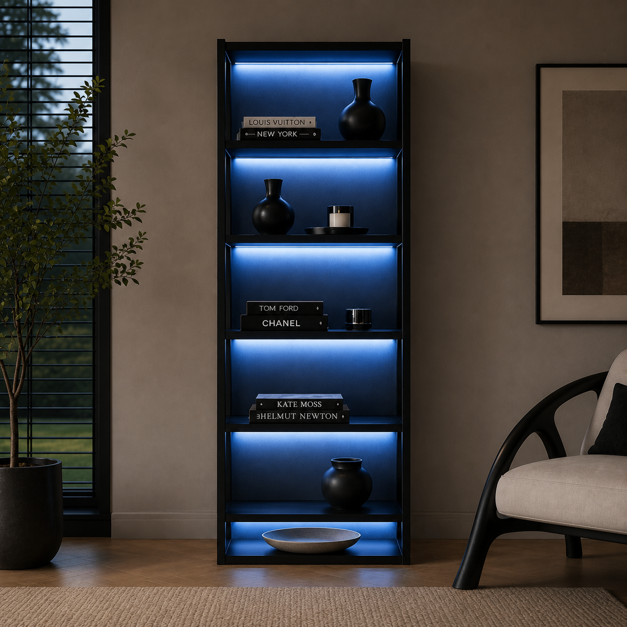 LED Bookshelf Display Shelf with Storage – Modern Black Bookcase
