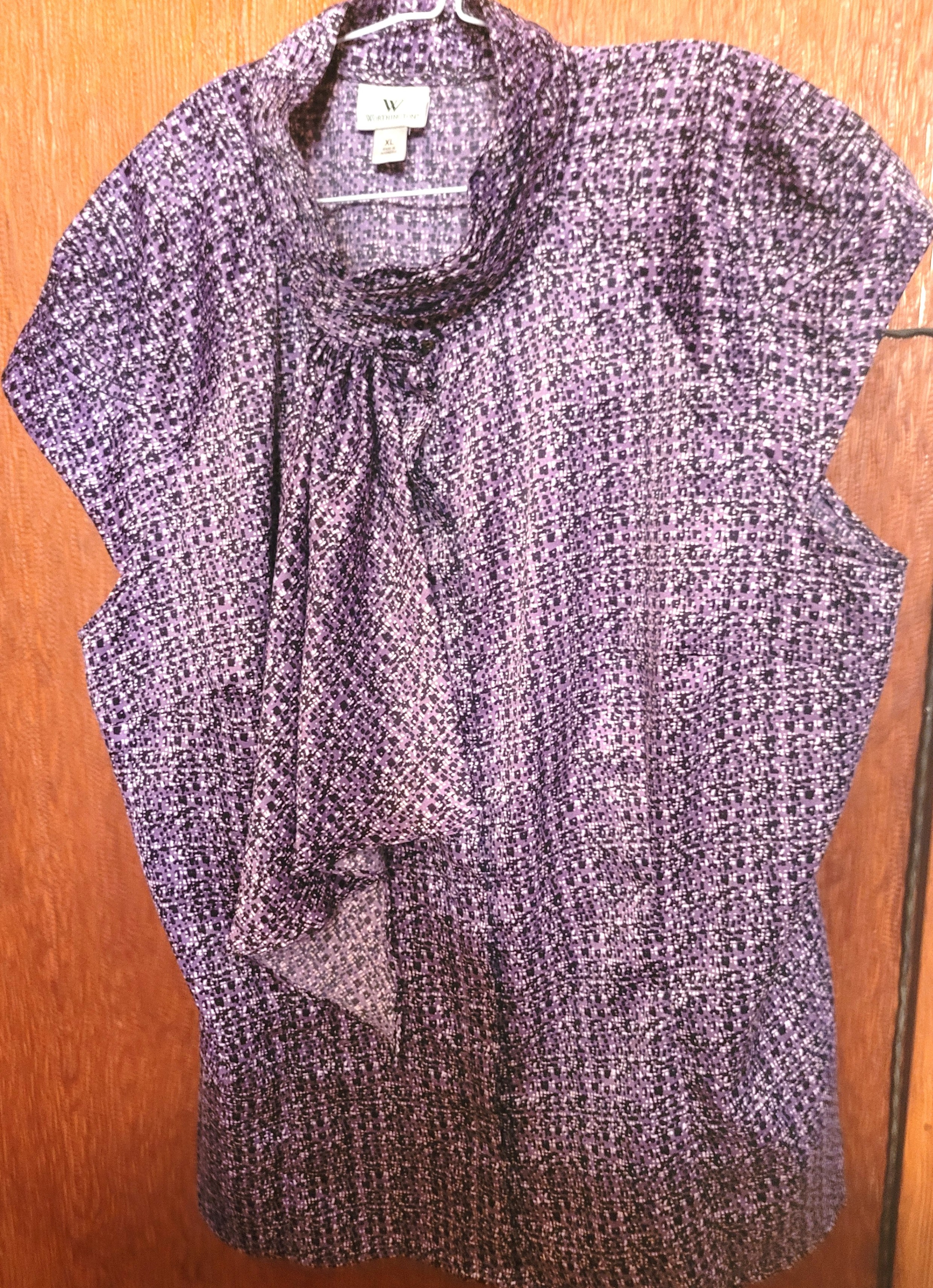 Worthington Purple Geometric Grid Tie Neck Cap Sleeve Blouse Top - photo 2