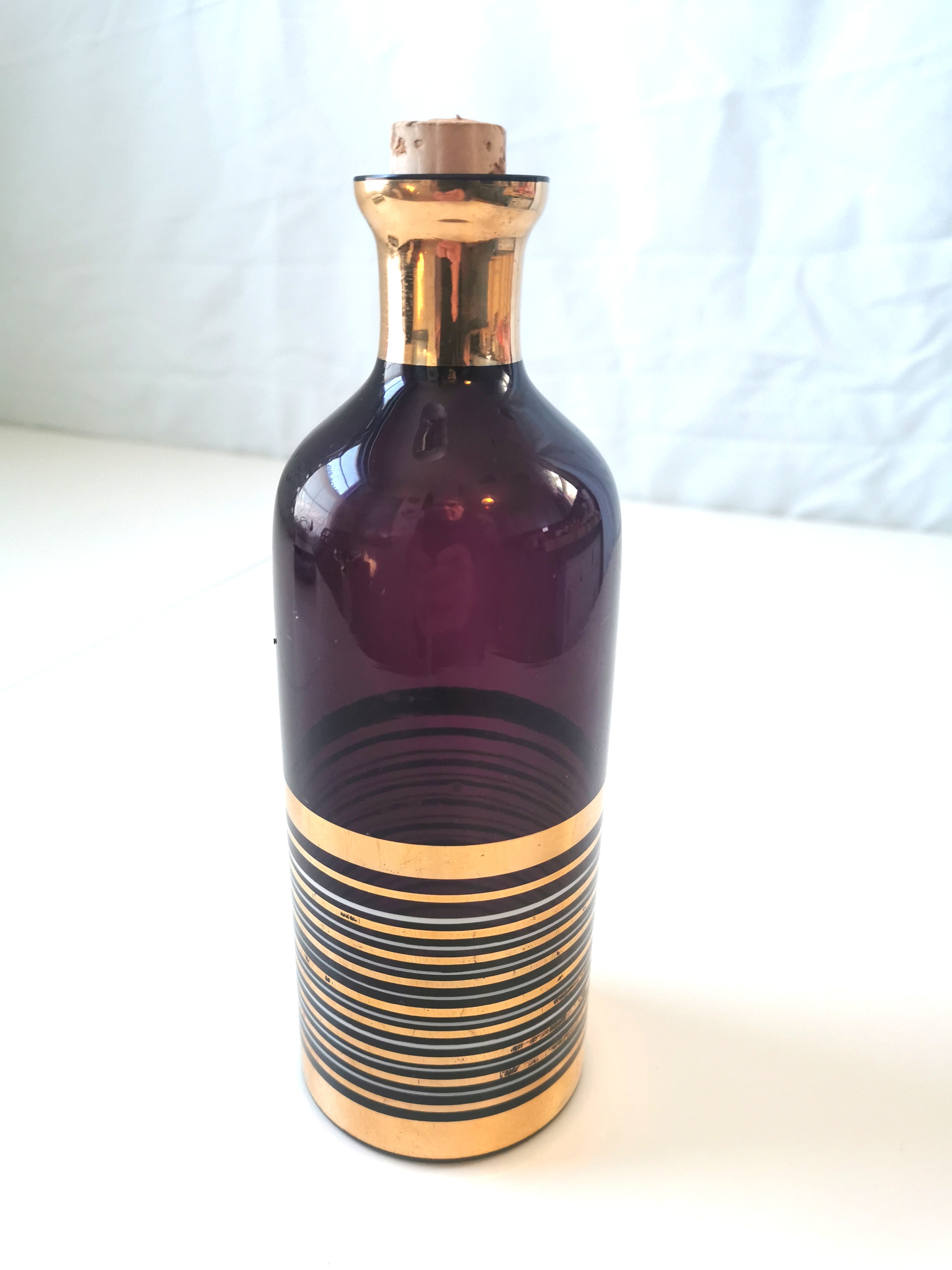 1960s Czechoslovakian Amethyst Glass Decanter Gold White Stripes